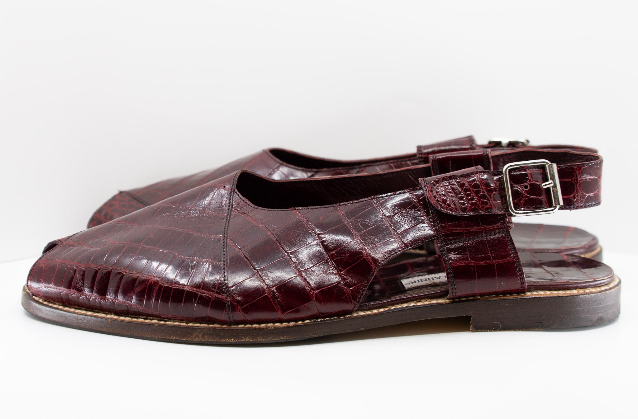 Manolo Blahnik, aubergine alligator open toe sandals, Estate of André Leon Talley