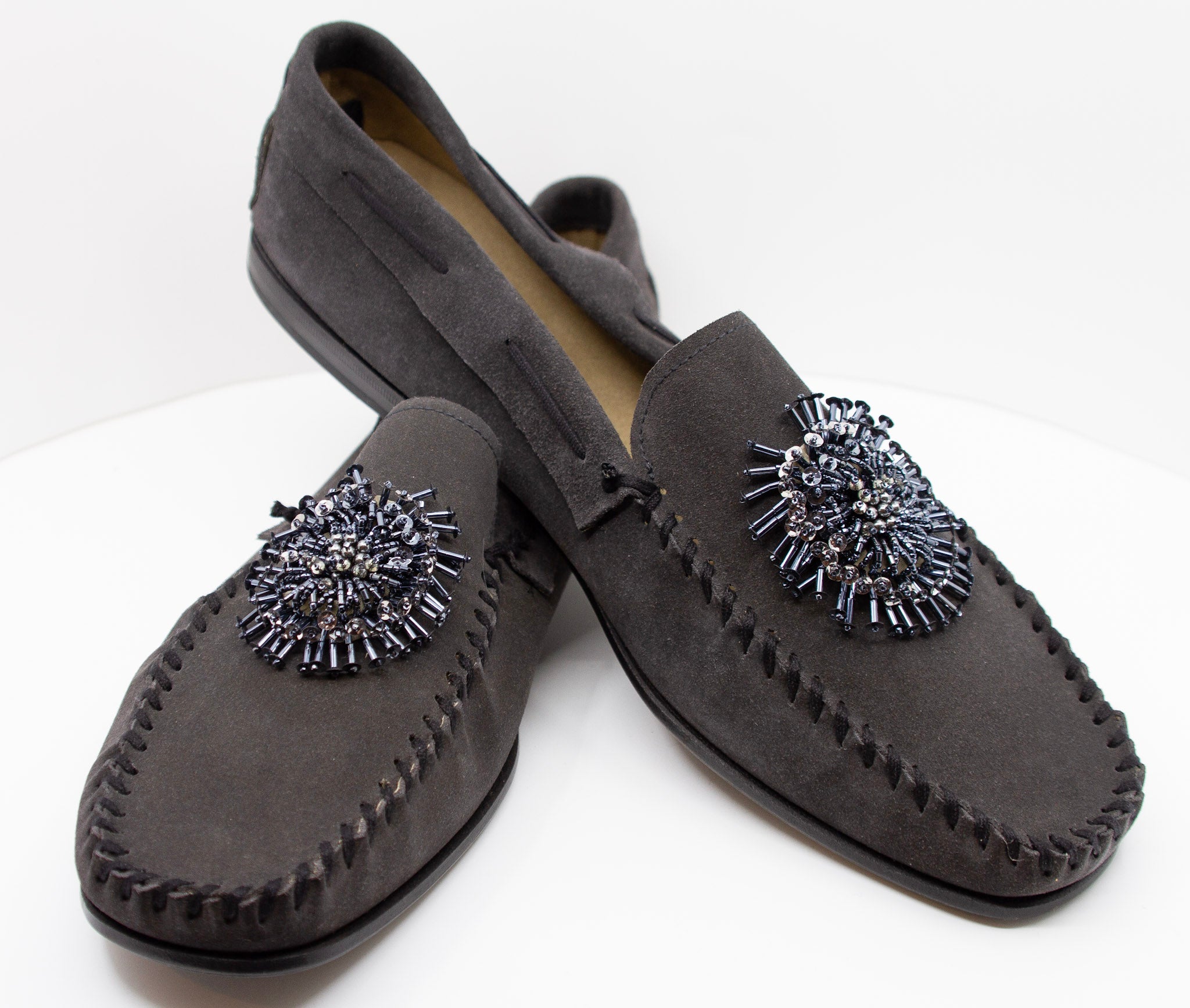 PRADA, charcoal, suede, loafers with beaded embellishments and leather soles, Estate of André Leon Talley