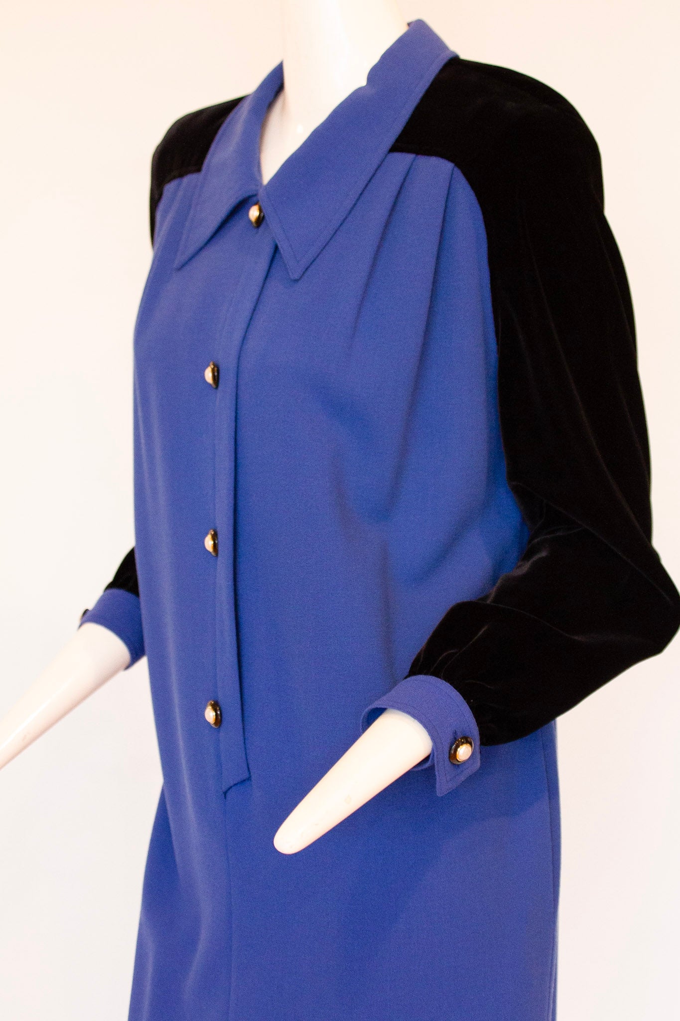 VALENTINO MISS V Blue Wool and Black Velvet Midi Dress