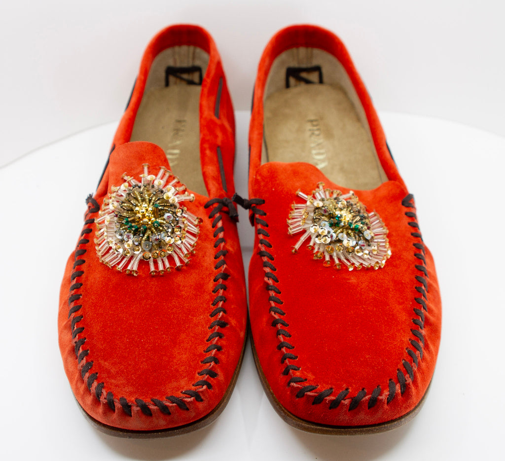PRADA, vermilion, suede, loafers with beaded embellishments and leather soles, Estate of André Leon Talley
