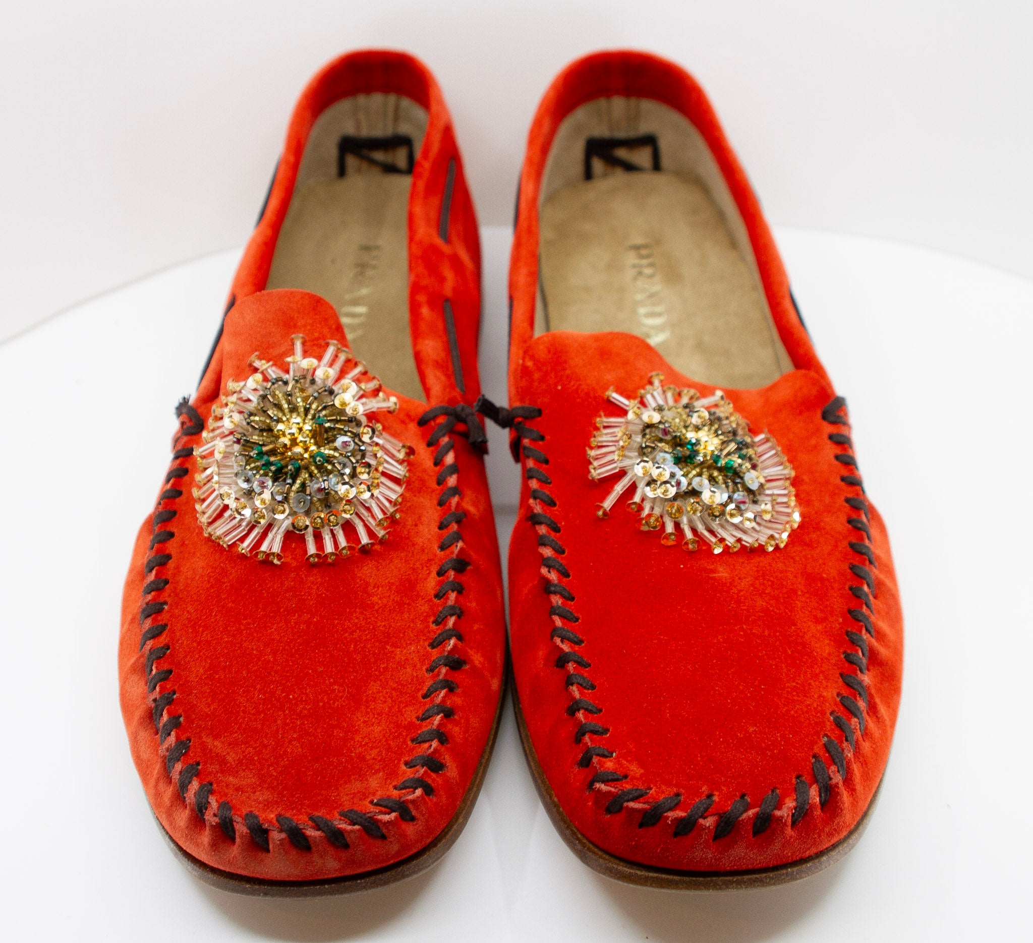 PRADA, vermilion, suede, loafers with beaded embellishments and leather soles, Estate of André Leon Talley