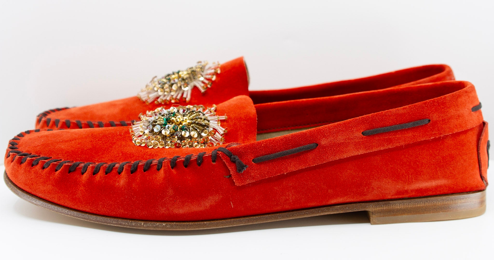 PRADA, vermilion, suede, loafers with beaded embellishments and leather soles, Estate of André Leon Talley