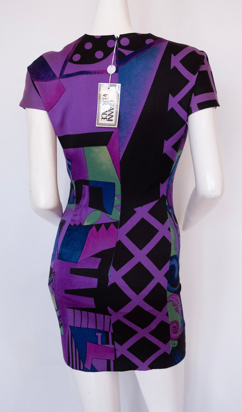 GIANNI VERSACE crew neckline light weight wool dress lined in purple silk pattern