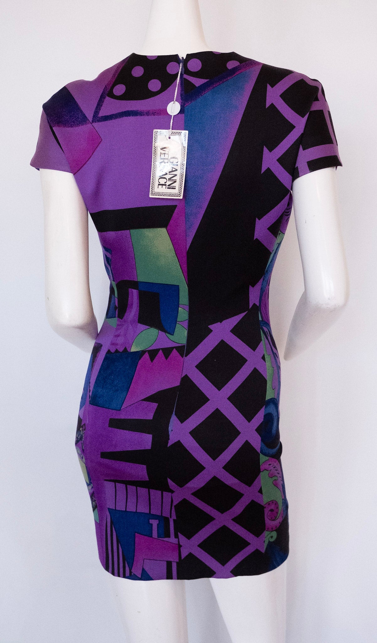 GIANNI VERSACE crew neckline light weight wool dress lined in purple silk pattern
