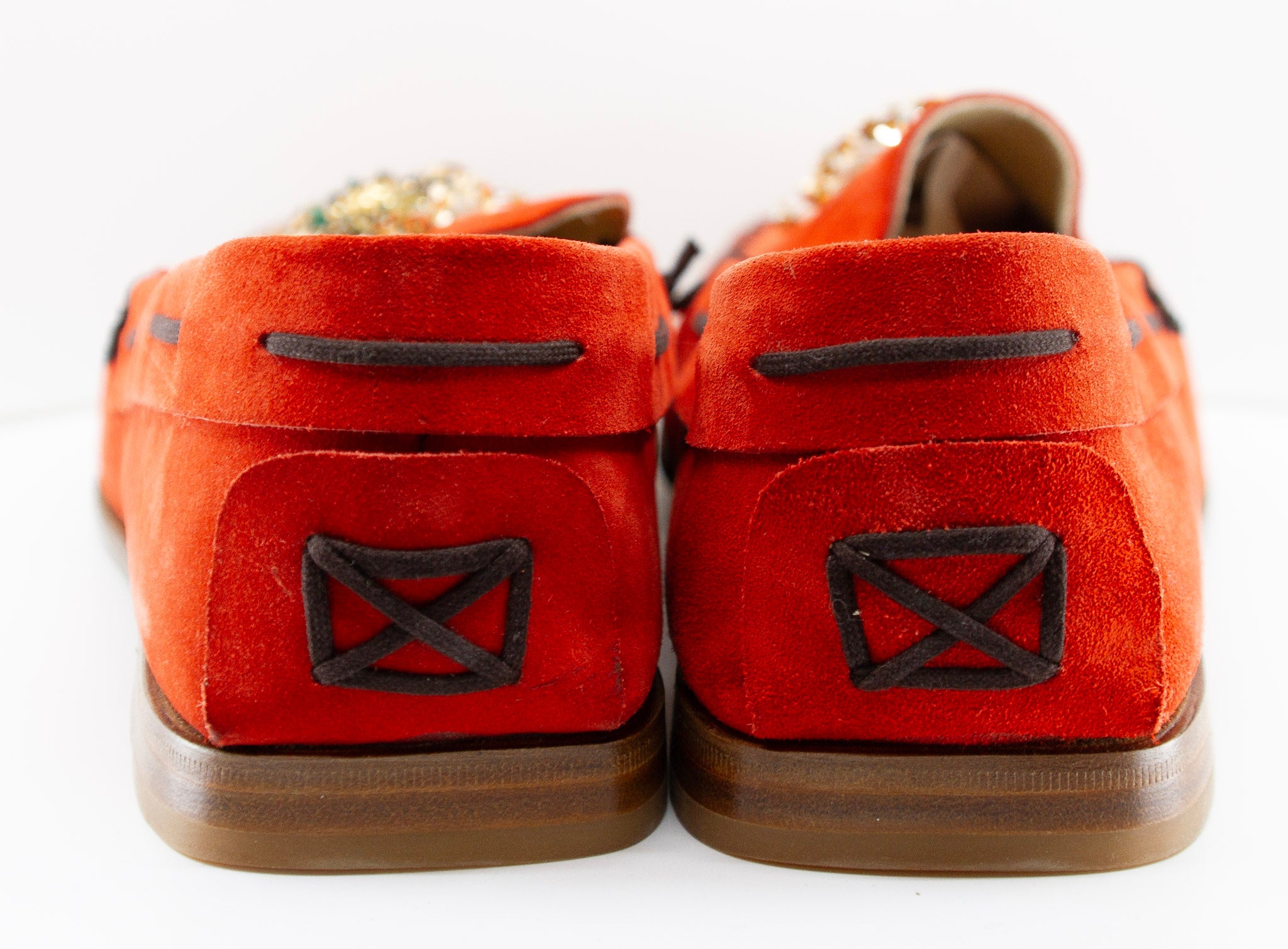 PRADA, vermilion, suede, loafers with beaded embellishments and leather soles, Estate of André Leon Talley