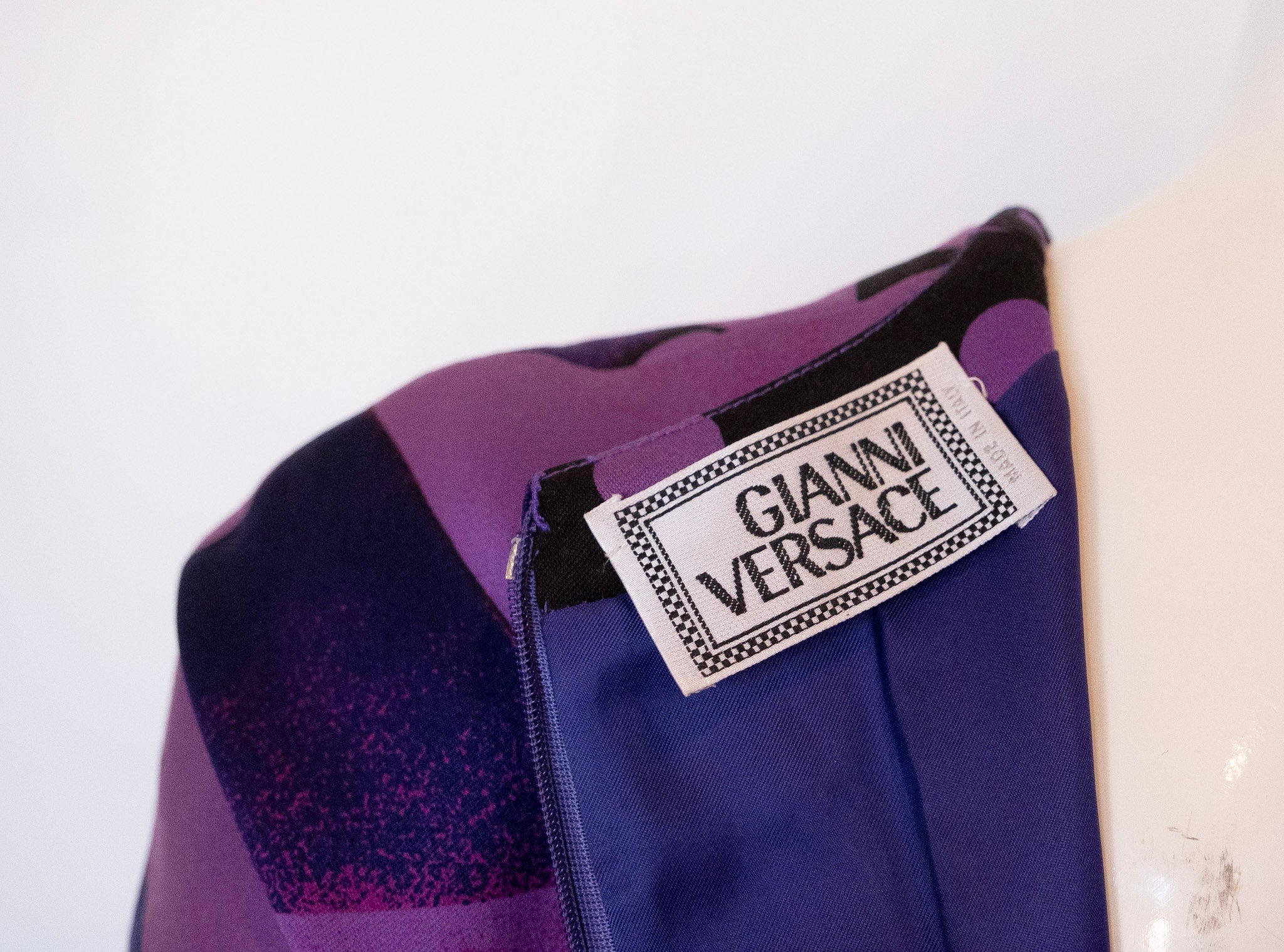 GIANNI VERSACE crew neckline light weight wool dress lined in purple silk pattern