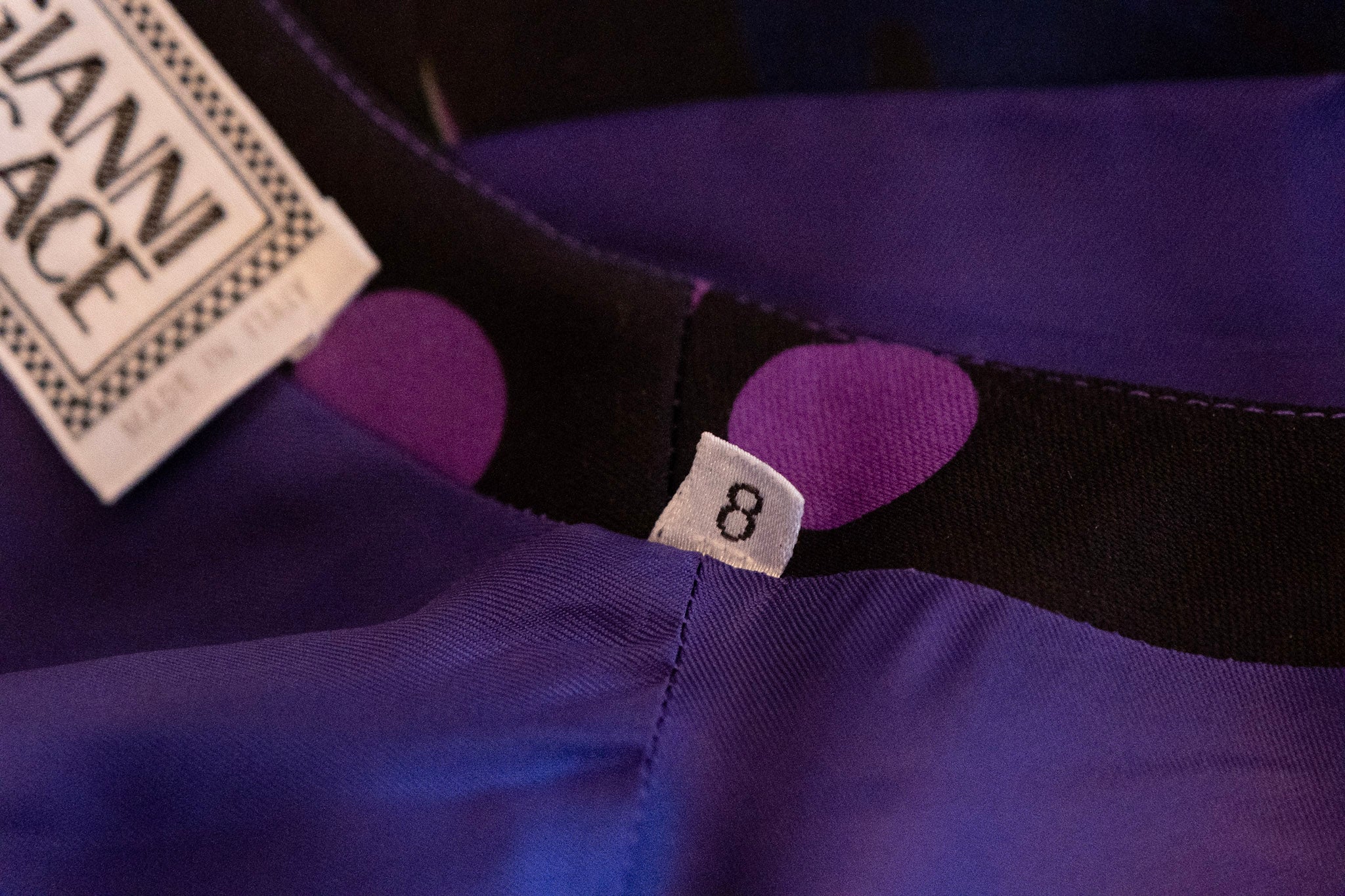 GIANNI VERSACE crew neckline light weight wool dress lined in purple silk pattern