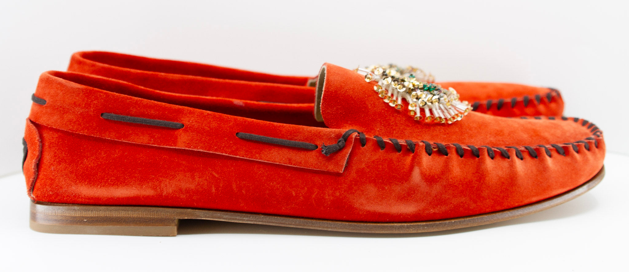 PRADA, vermilion, suede, loafers with beaded embellishments and leather soles, Estate of André Leon Talley