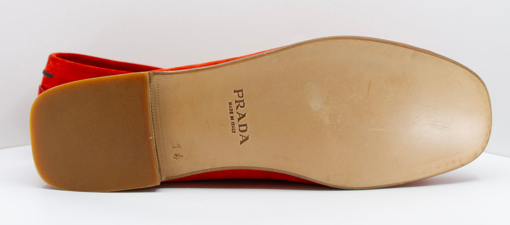 PRADA, vermilion, suede, loafers with beaded embellishments and leather soles, Estate of André Leon Talley
