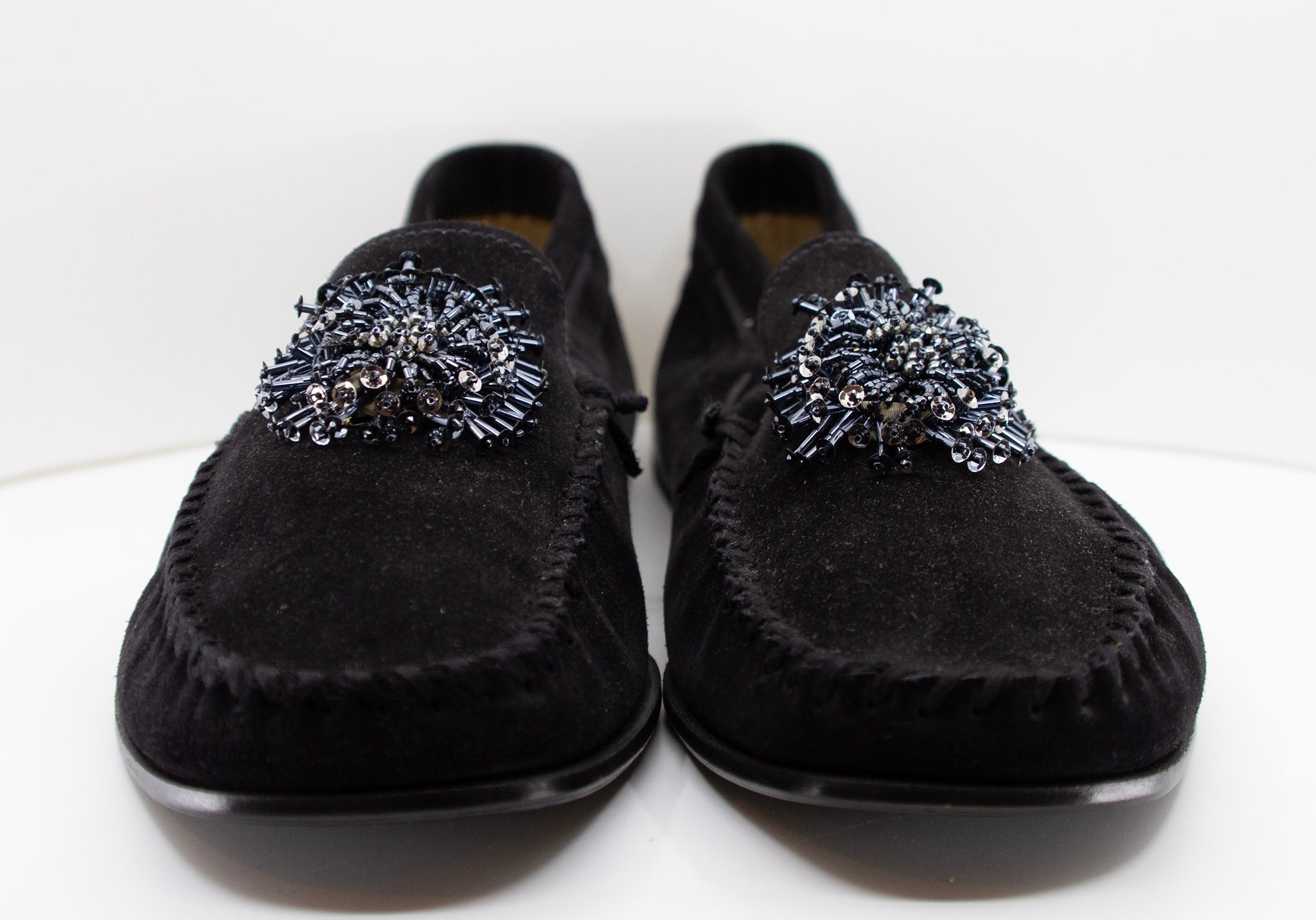 PRADA, black/noir, suede, loafers with beaded embellishments and leather soles, Estate of André Leon Talley