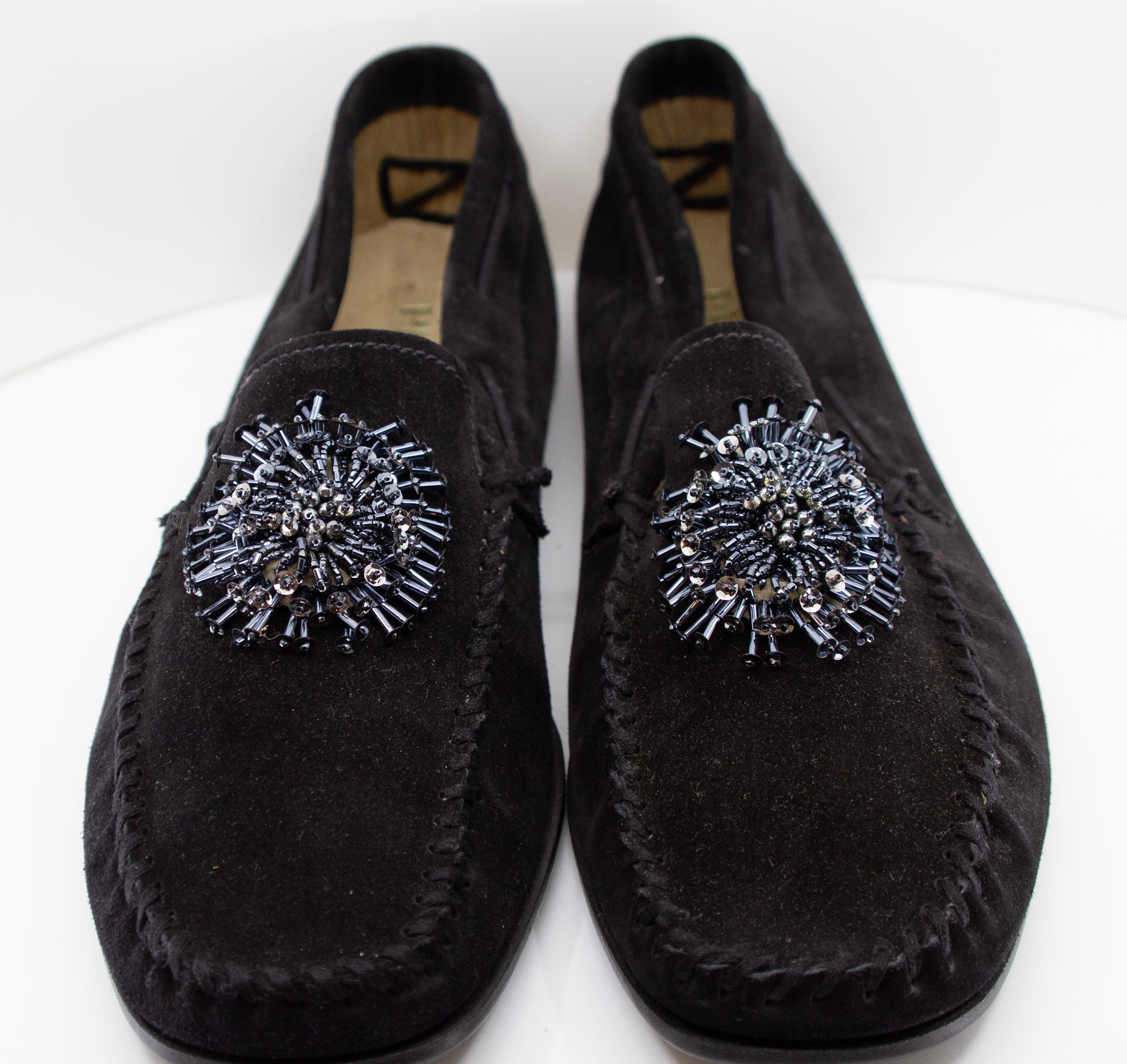 PRADA, black/noir, suede, loafers with beaded embellishments and leather soles, Estate of André Leon Talley