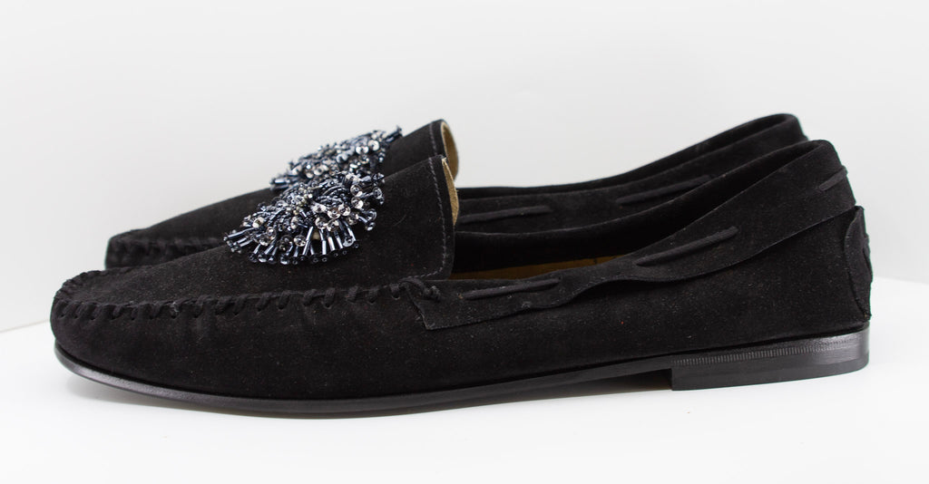 PRADA, black/noir, suede, loafers with beaded embellishments and leather soles, Estate of André Leon Talley