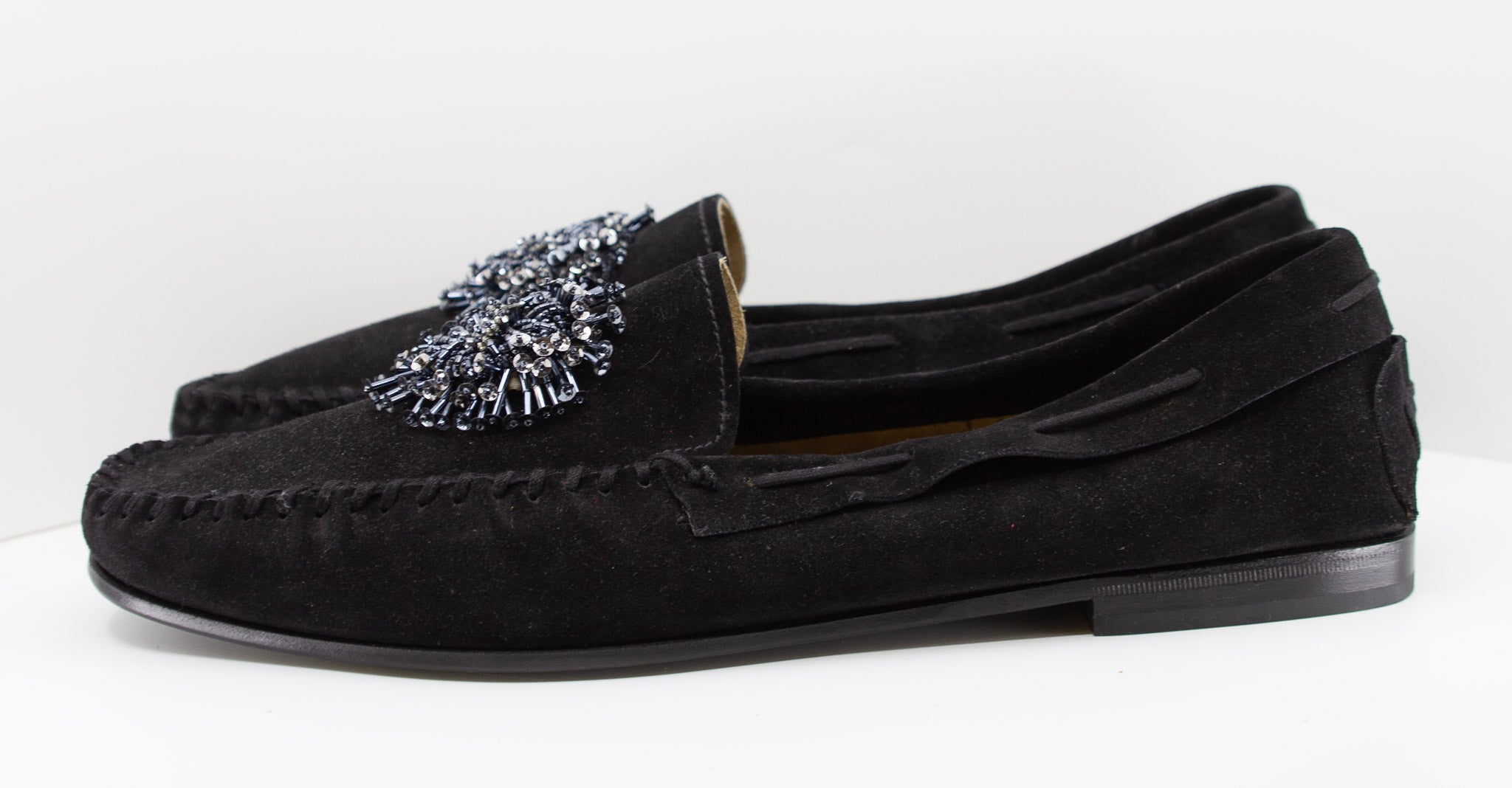 PRADA, black/noir, suede, loafers with beaded embellishments and leather soles, Estate of André Leon Talley