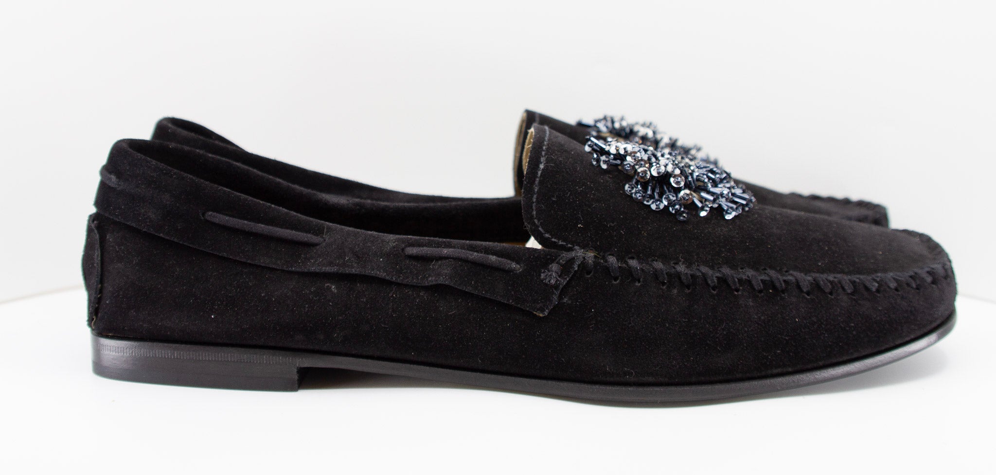 PRADA, black/noir, suede, loafers with beaded embellishments and leather soles, Estate of André Leon Talley
