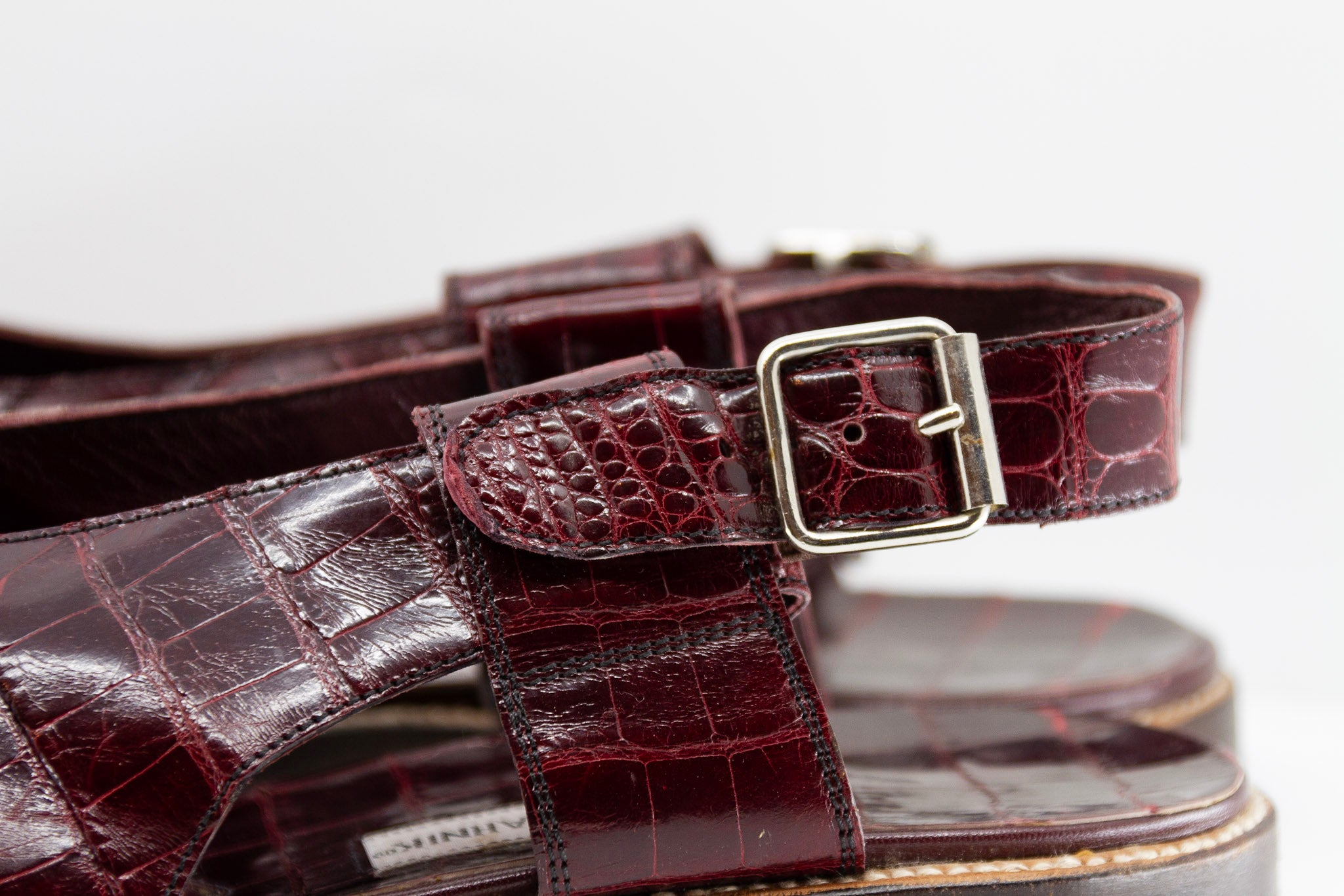 Manolo Blahnik, aubergine alligator open toe sandals, Estate of André Leon Talley