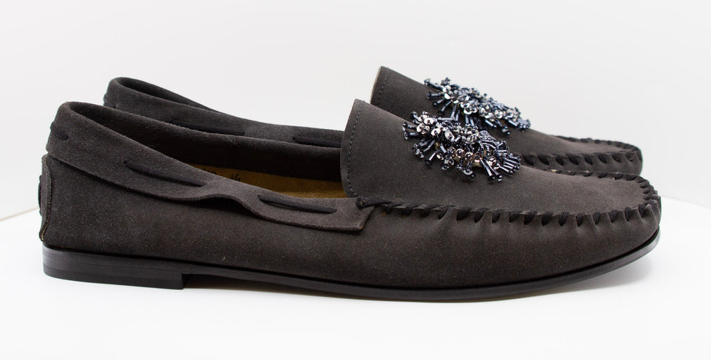 PRADA, charcoal, suede, loafers with beaded embellishments and leather soles, Estate of André Leon Talley