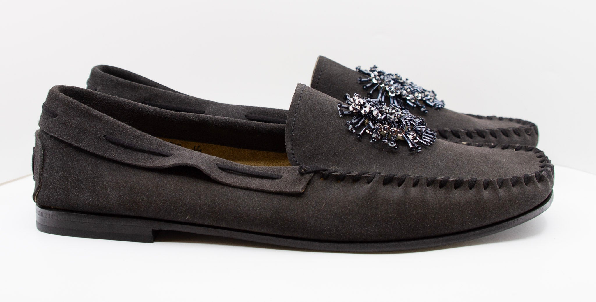 PRADA, charcoal, suede, loafers with beaded embellishments and leather soles, Estate of André Leon Talley