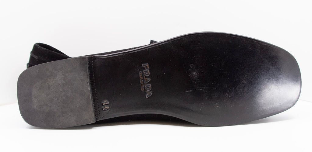 PRADA, black/noir, suede, loafers with beaded embellishments and leather soles, Estate of André Leon Talley