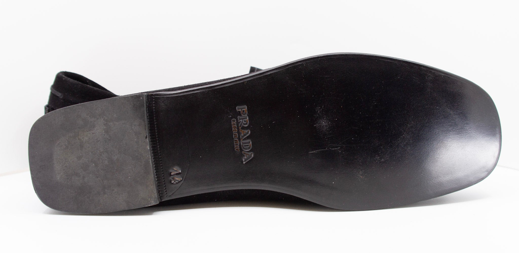 PRADA, black/noir, suede, loafers with beaded embellishments and leather soles, Estate of André Leon Talley