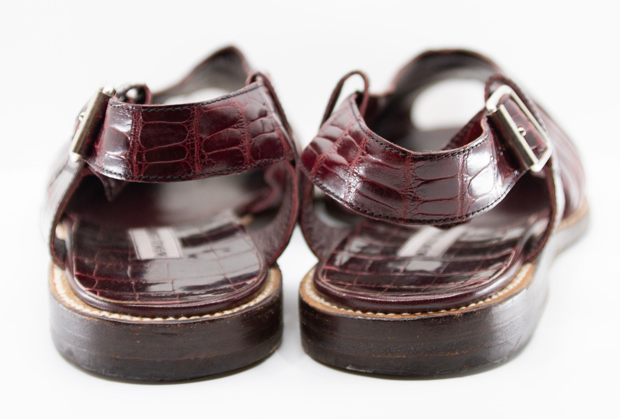 Manolo Blahnik, aubergine alligator open toe sandals, Estate of André Leon Talley