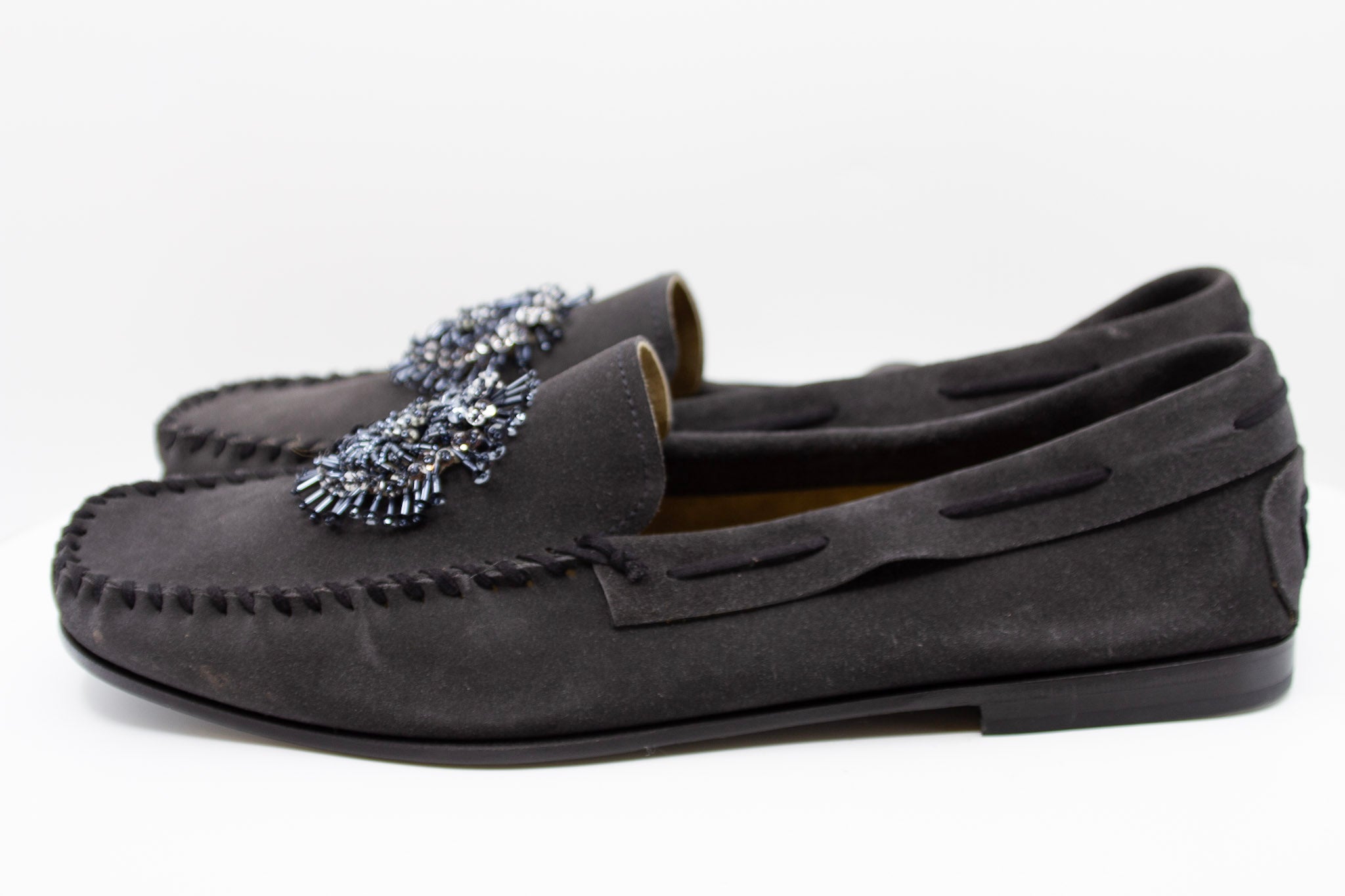 PRADA, charcoal, suede, loafers with beaded embellishments and leather soles, Estate of André Leon Talley