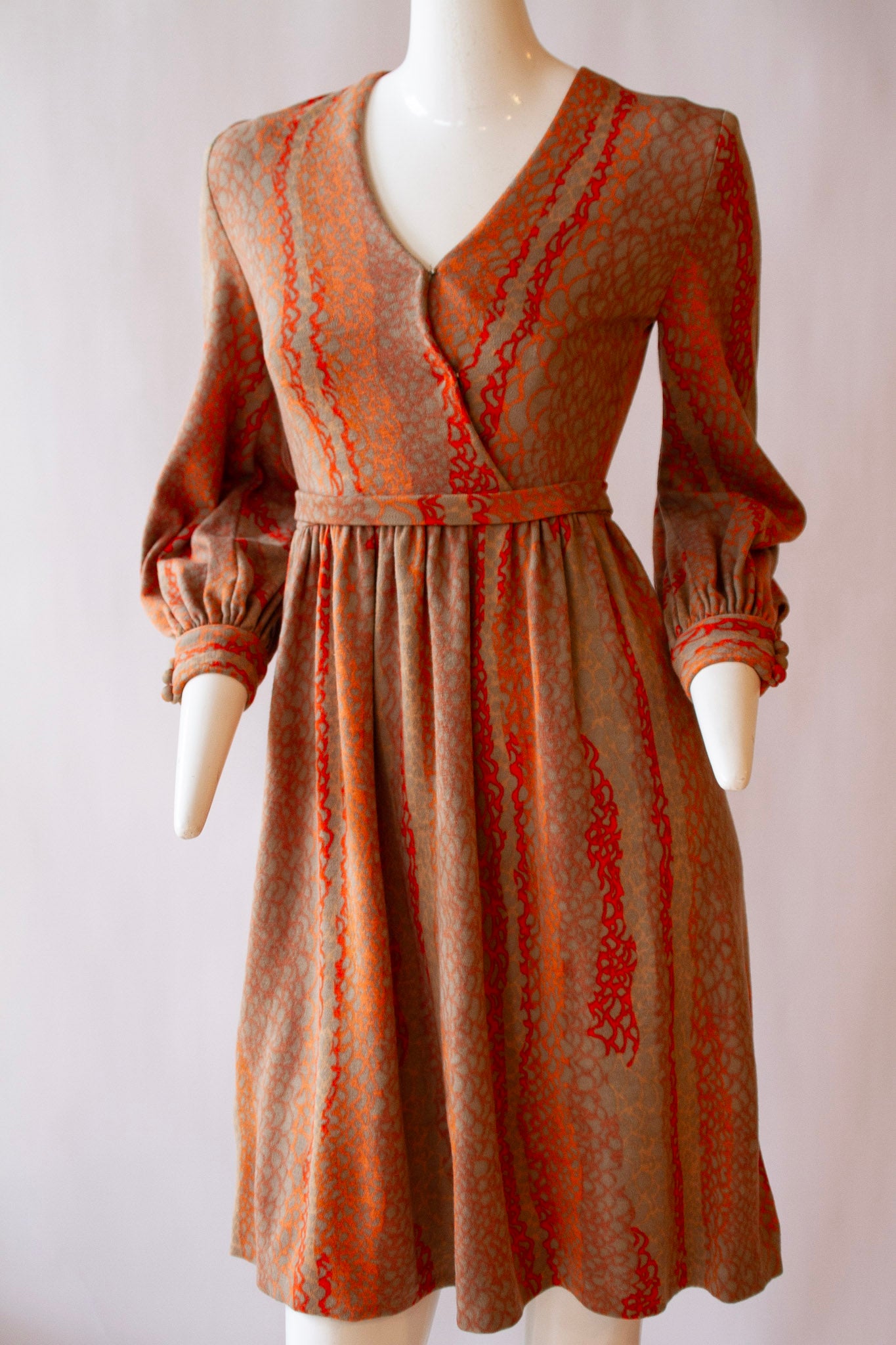 BOB MACKIE, bishop sleeves, wrap dress with zipper back, creamsicle orange, circa 1970s