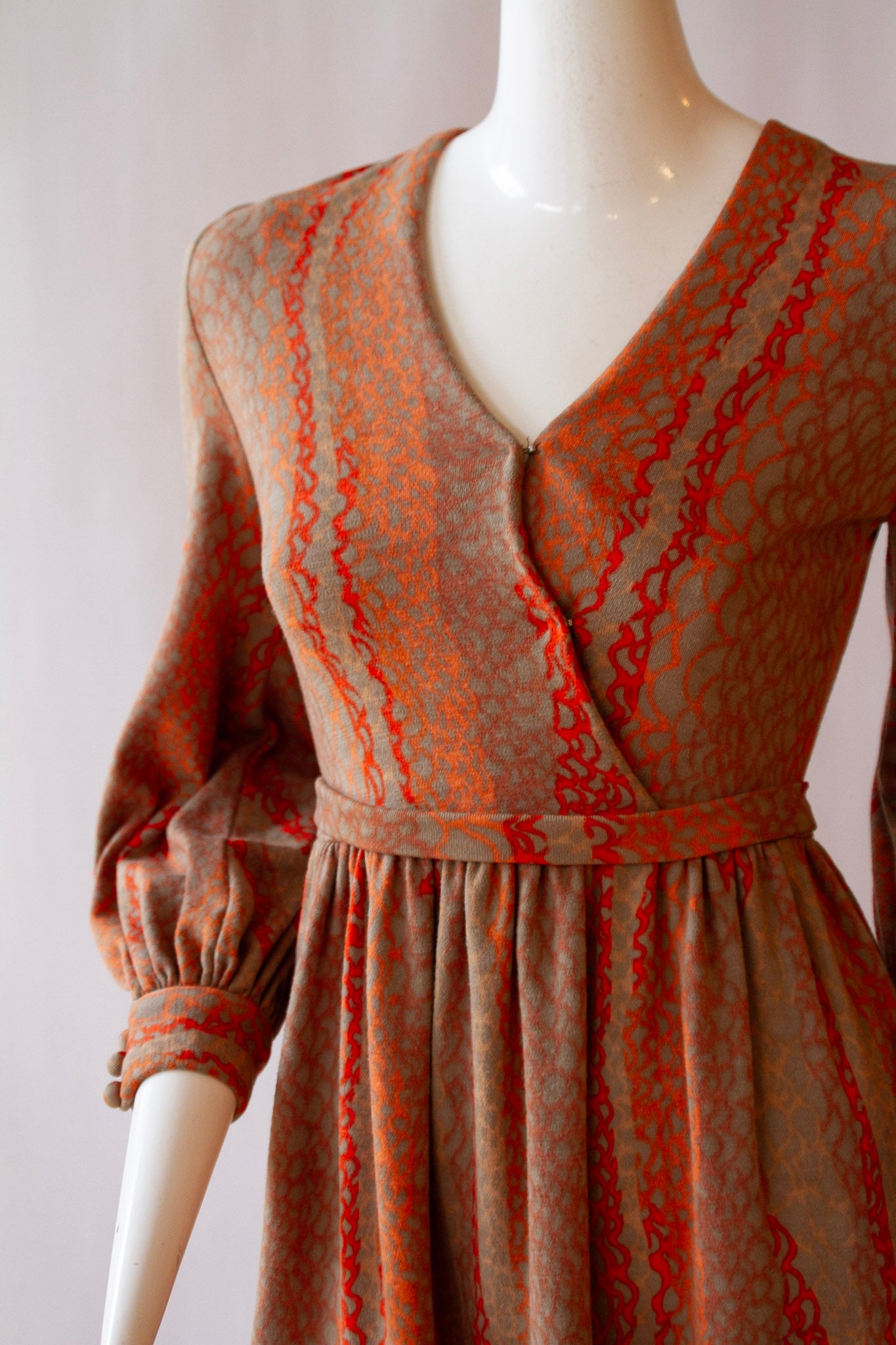 BOB MACKIE, bishop sleeves, wrap dress with zipper back, creamsicle orange, circa 1970s