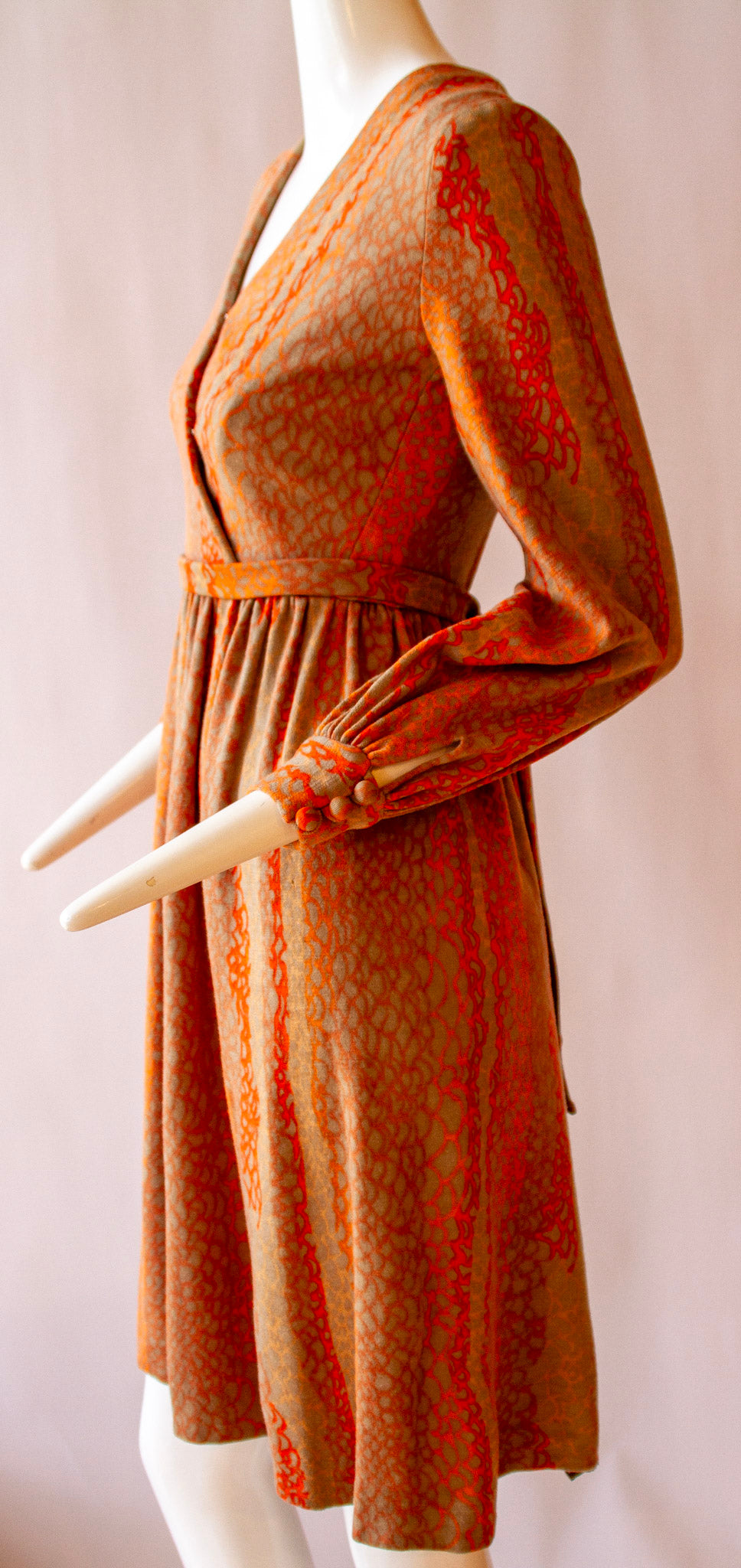 BOB MACKIE, bishop sleeves, wrap dress with zipper back, creamsicle orange, circa 1970s