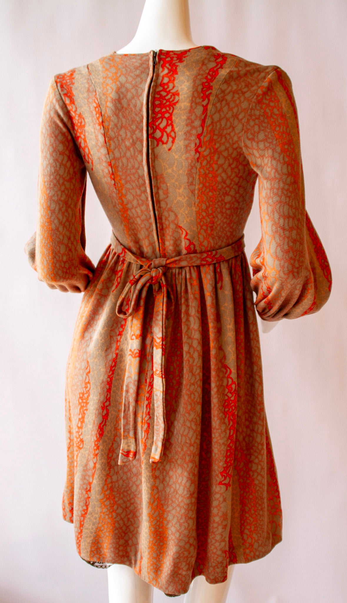 BOB MACKIE, bishop sleeves, wrap dress with zipper back, creamsicle orange, circa 1970s