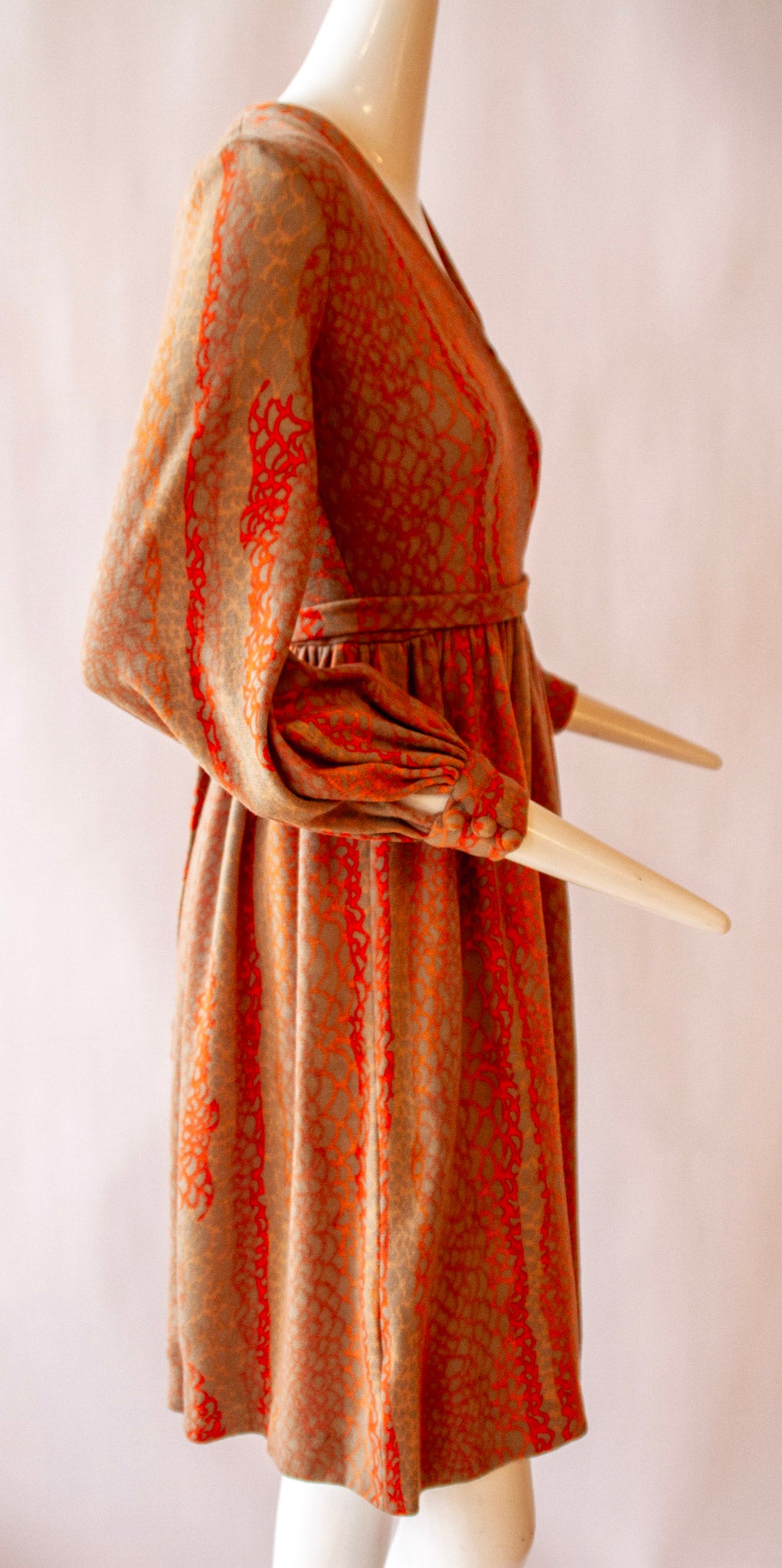 BOB MACKIE, bishop sleeves, wrap dress with zipper back, creamsicle orange, circa 1970s
