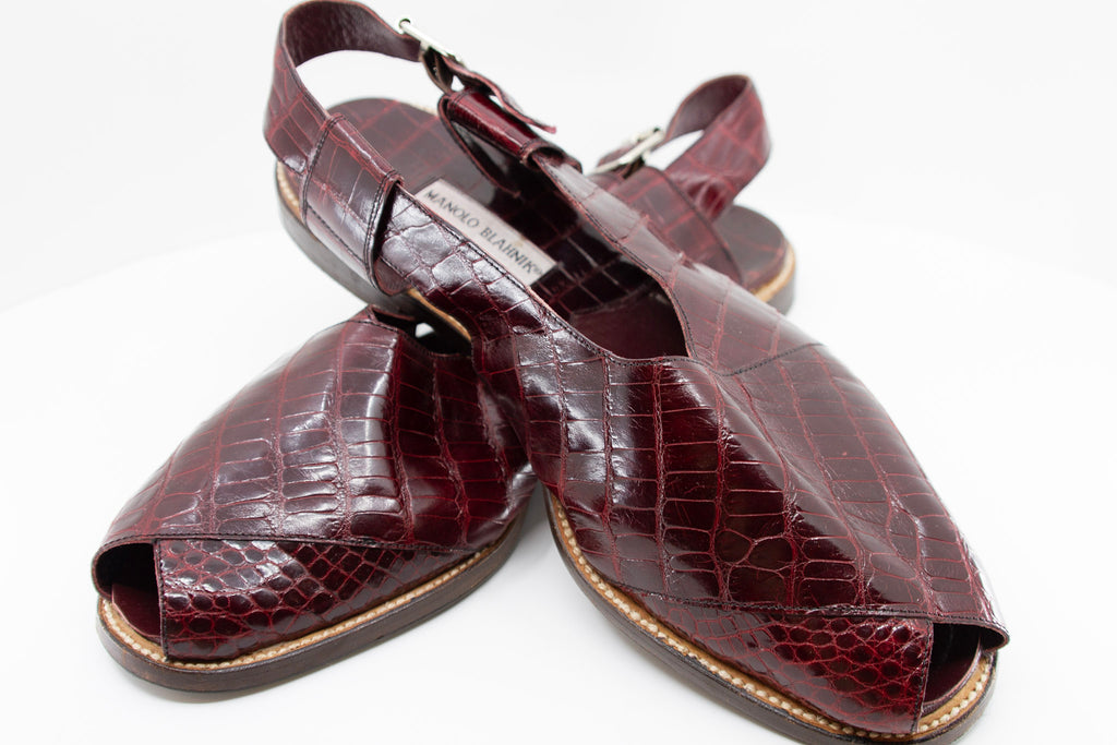 Manolo Blahnik, aubergine alligator open toe sandals, Estate of André Leon Talley