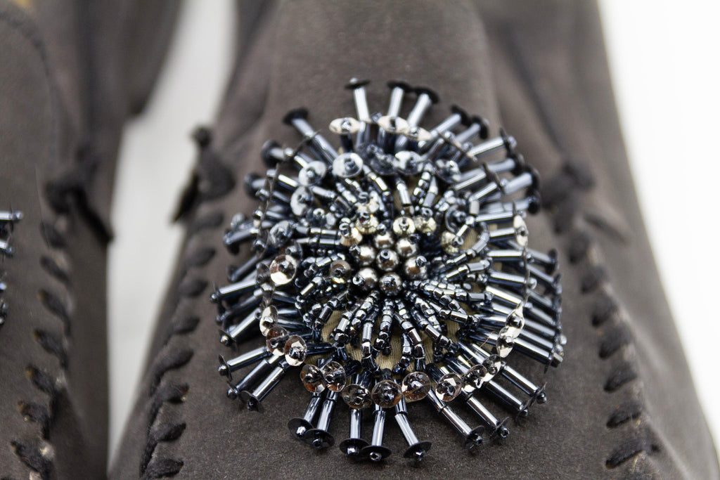 PRADA, charcoal, suede, loafers with beaded embellishments and leather soles, Estate of André Leon Talley