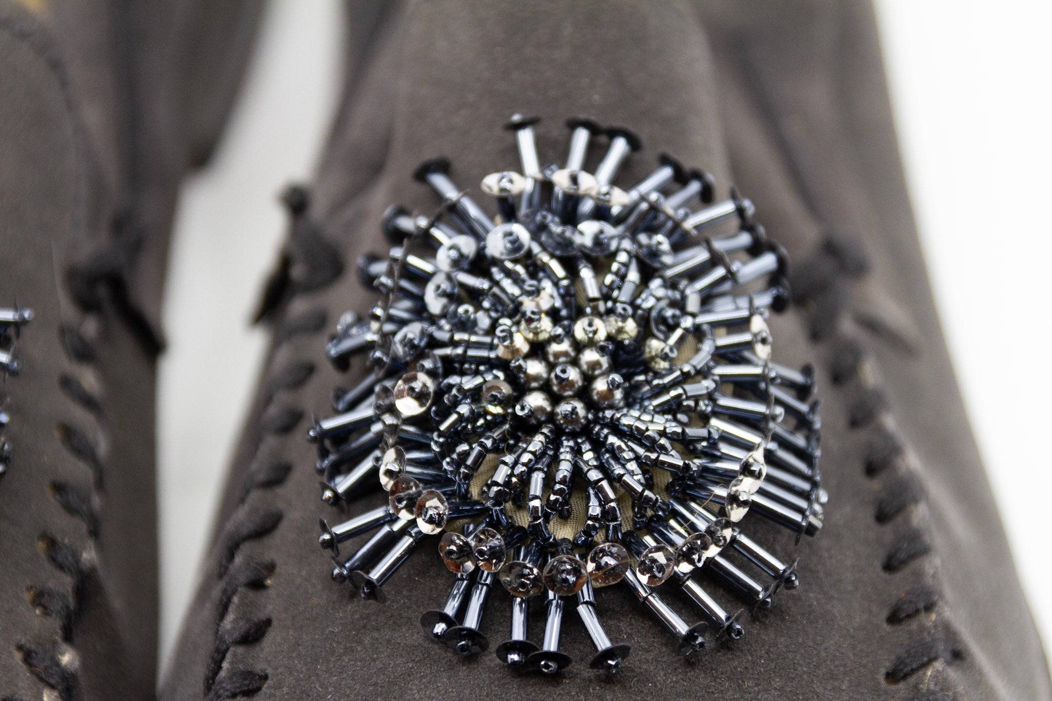 PRADA, charcoal, suede, loafers with beaded embellishments and leather soles, Estate of André Leon Talley