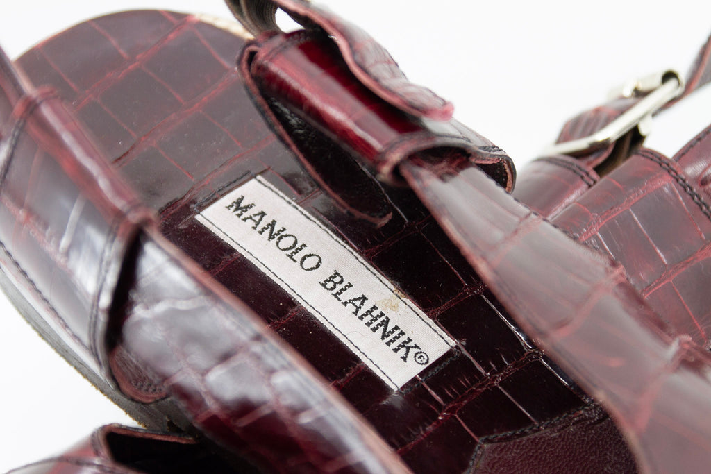 Manolo Blahnik, aubergine alligator open toe sandals, Estate of André Leon Talley