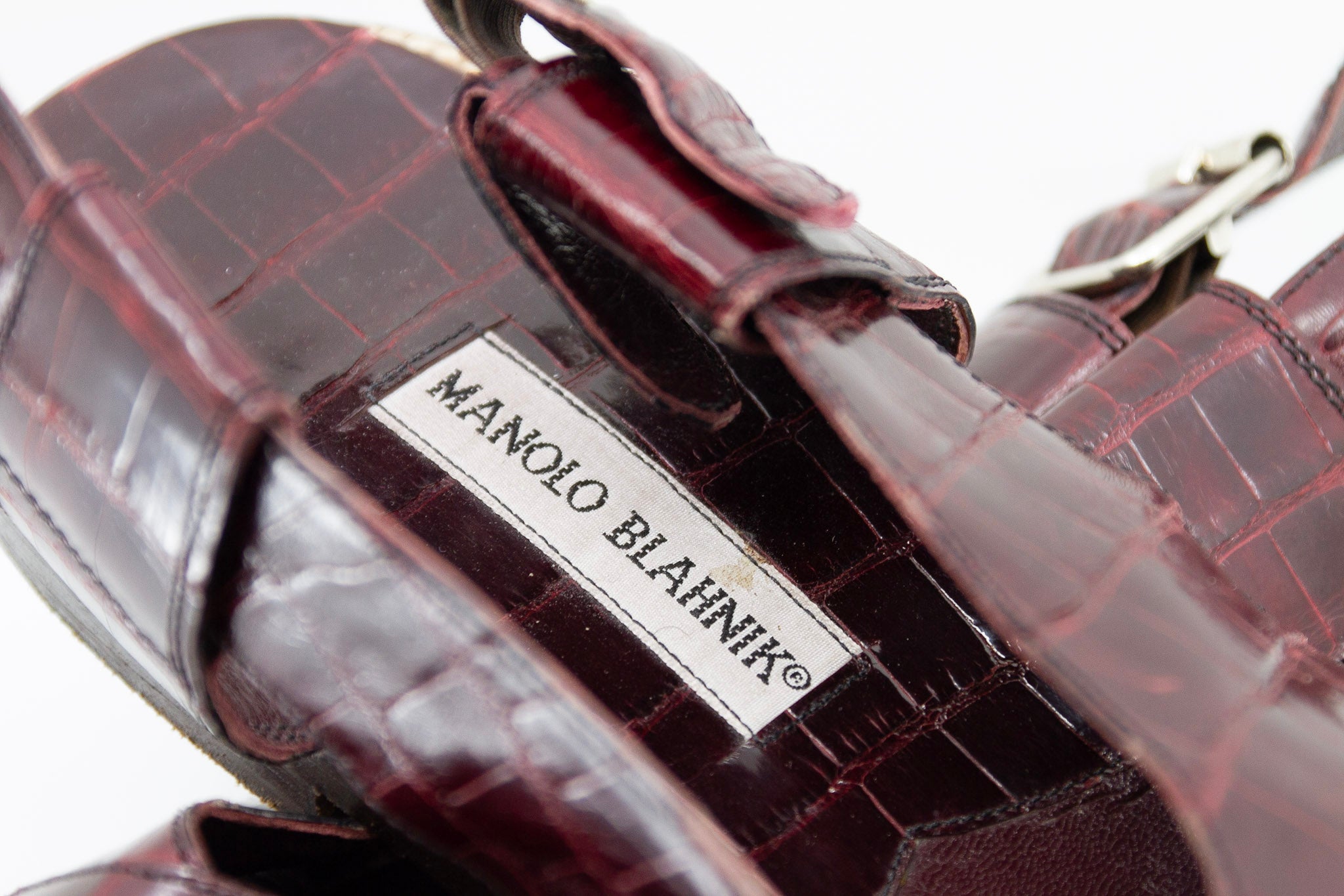 Manolo Blahnik, aubergine alligator open toe sandals, Estate of André Leon Talley