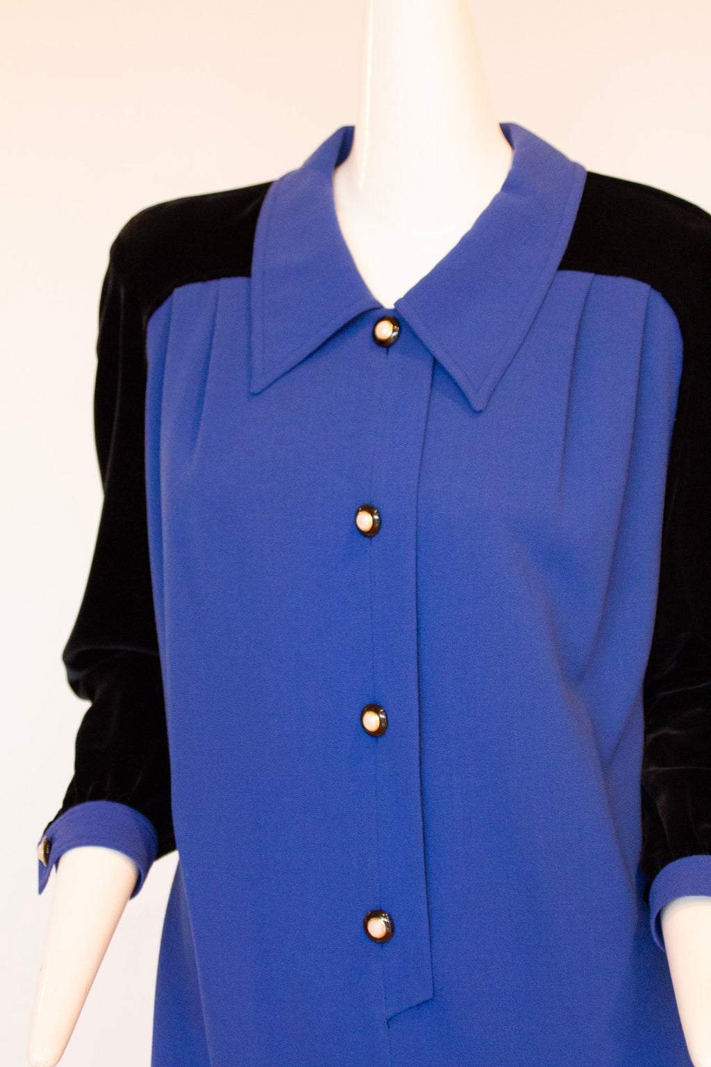 VALENTINO MISS V Blue Wool and Black Velvet Midi Dress