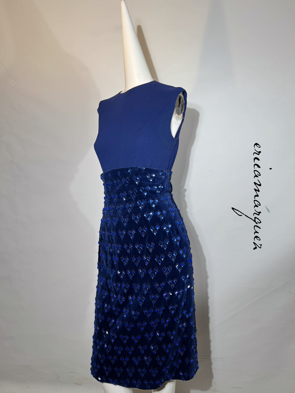 BARON'S ALTA MODA, Velvet and Rhinestone Electric Blue High-Waist Skirt Ensemble