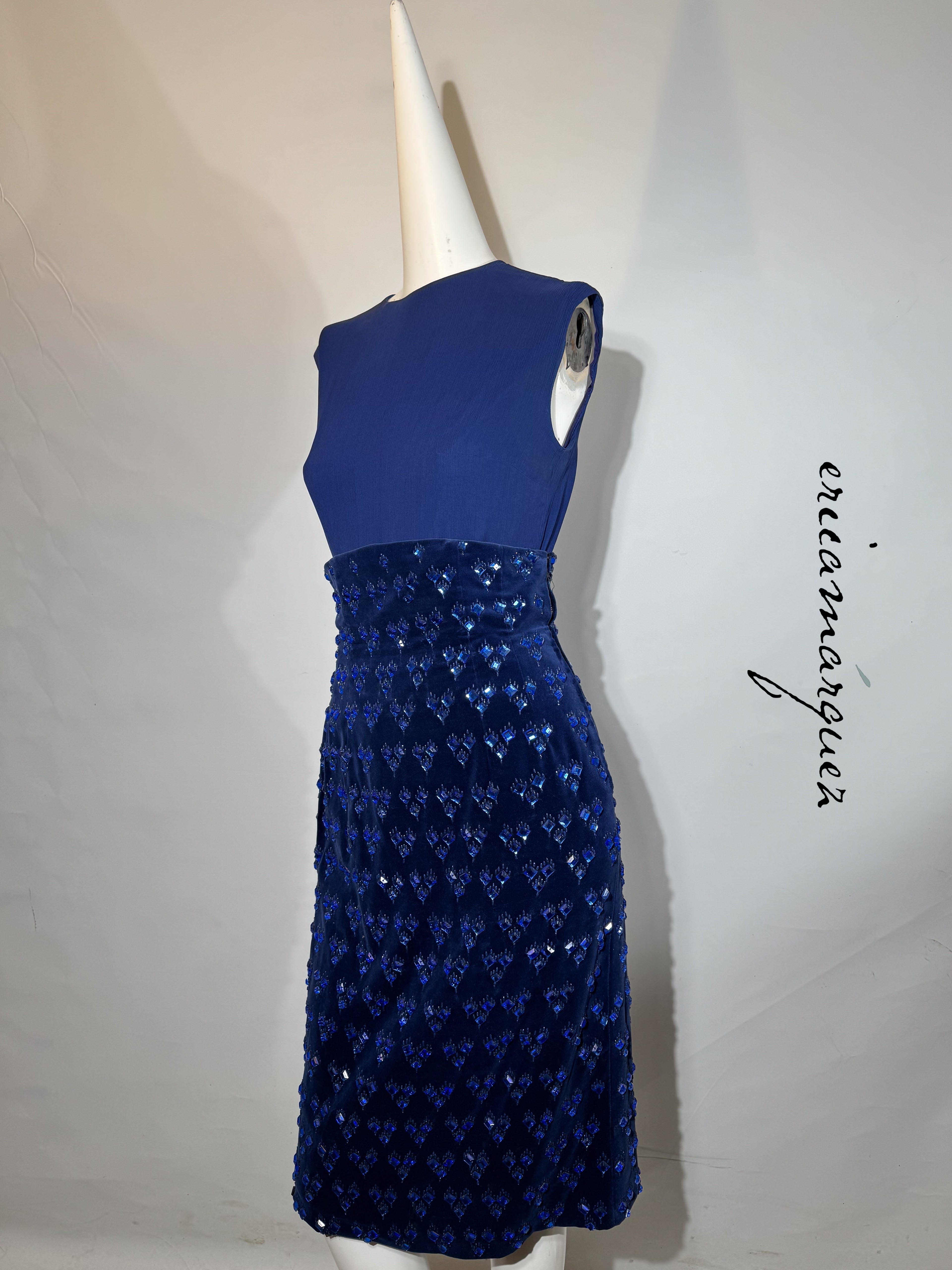 BARON'S ALTA MODA, Velvet and Rhinestone Electric Blue High-Waist Skirt Ensemble