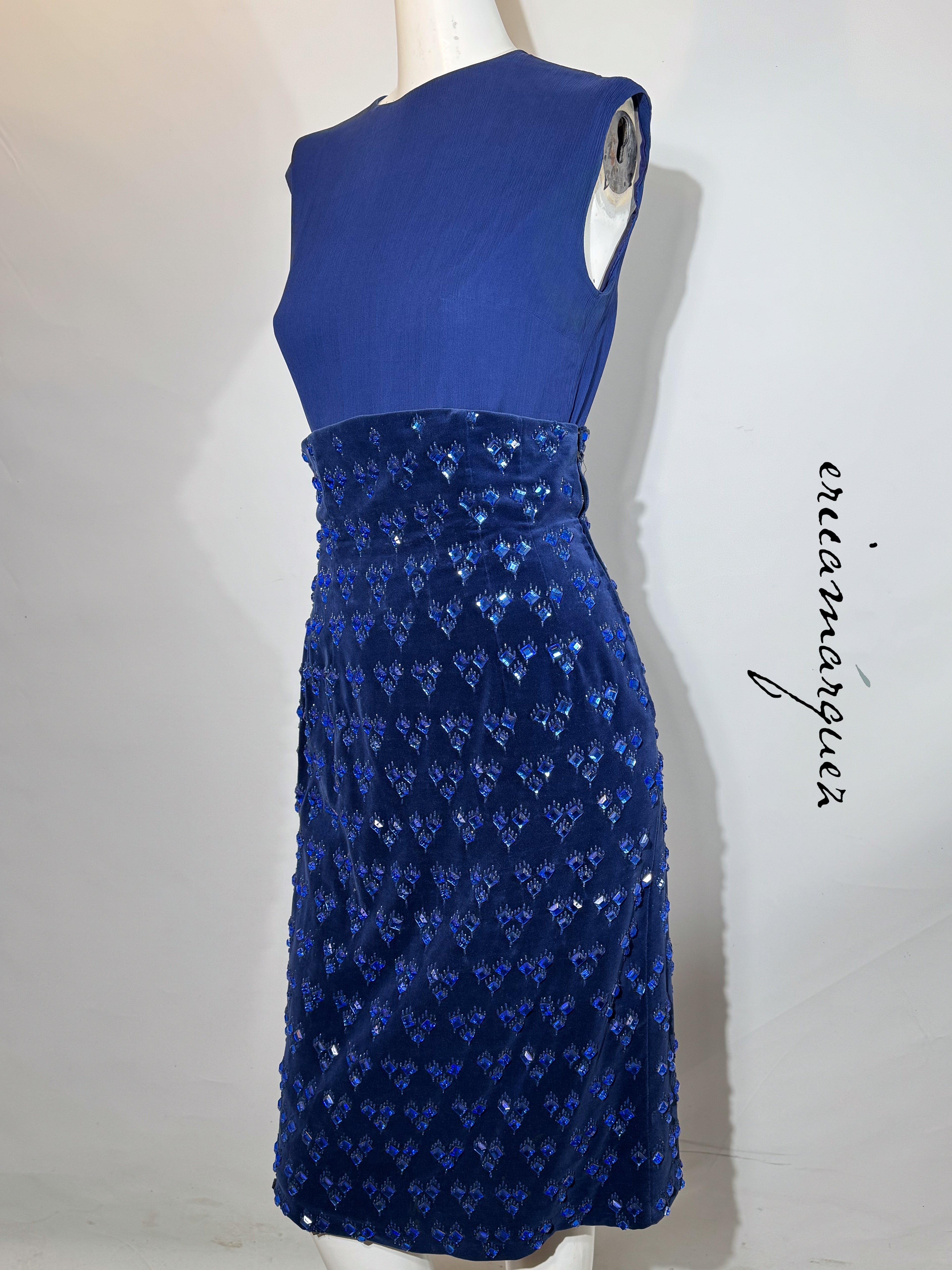 BARON'S ALTA MODA, Velvet and Rhinestone Electric Blue High-Waist Skirt Ensemble