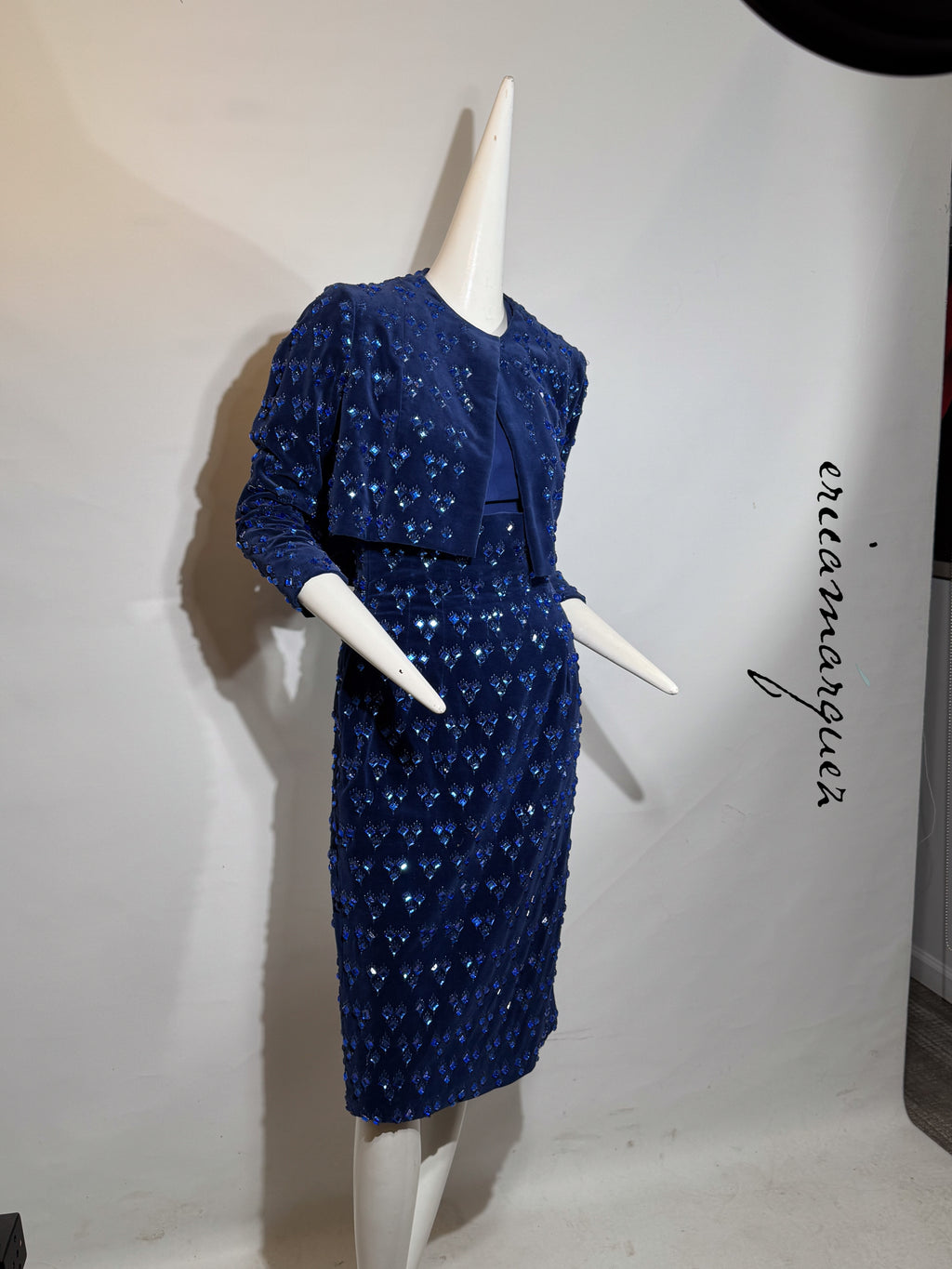 BARON'S ALTA MODA, Velvet and Rhinestone Electric Blue High-Waist Skirt Ensemble