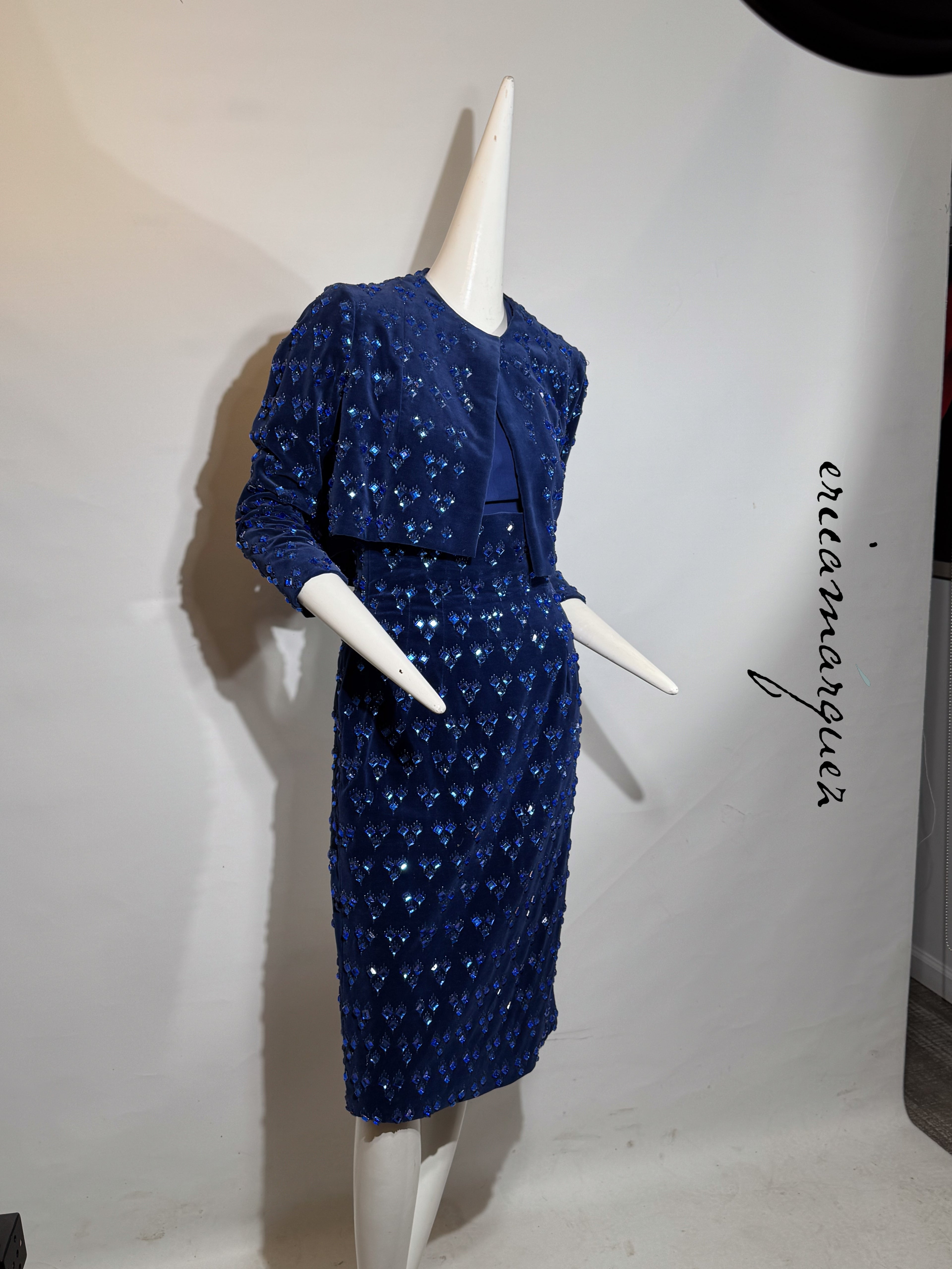 BARON'S ALTA MODA, Velvet and Rhinestone Electric Blue High-Waist Skirt Ensemble