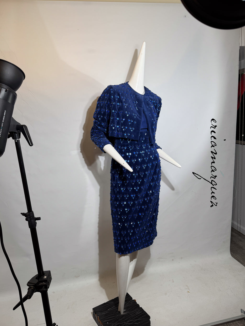BARON'S ALTA MODA, Velvet and Rhinestone Electric Blue High-Waist Skirt Ensemble
