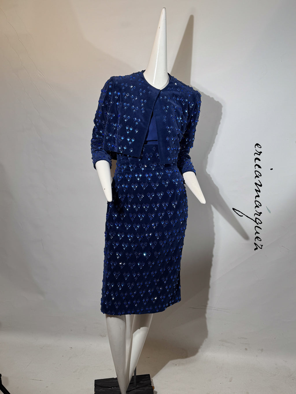 BARON'S ALTA MODA, Velvet and Rhinestone Electric Blue High-Waist Skirt Ensemble