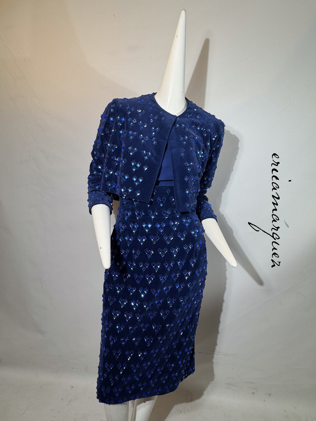 BARON'S ALTA MODA, Velvet and Rhinestone Electric Blue High-Waist Skirt Ensemble