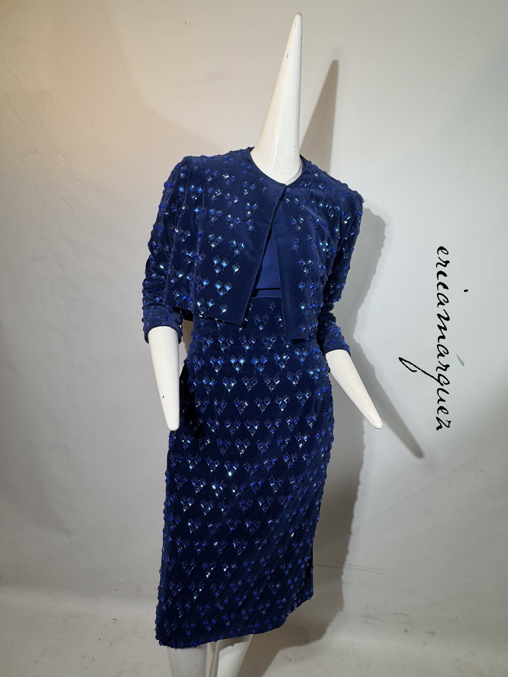 BARON'S ALTA MODA, Velvet and Rhinestone Electric Blue High-Waist Skirt Ensemble
