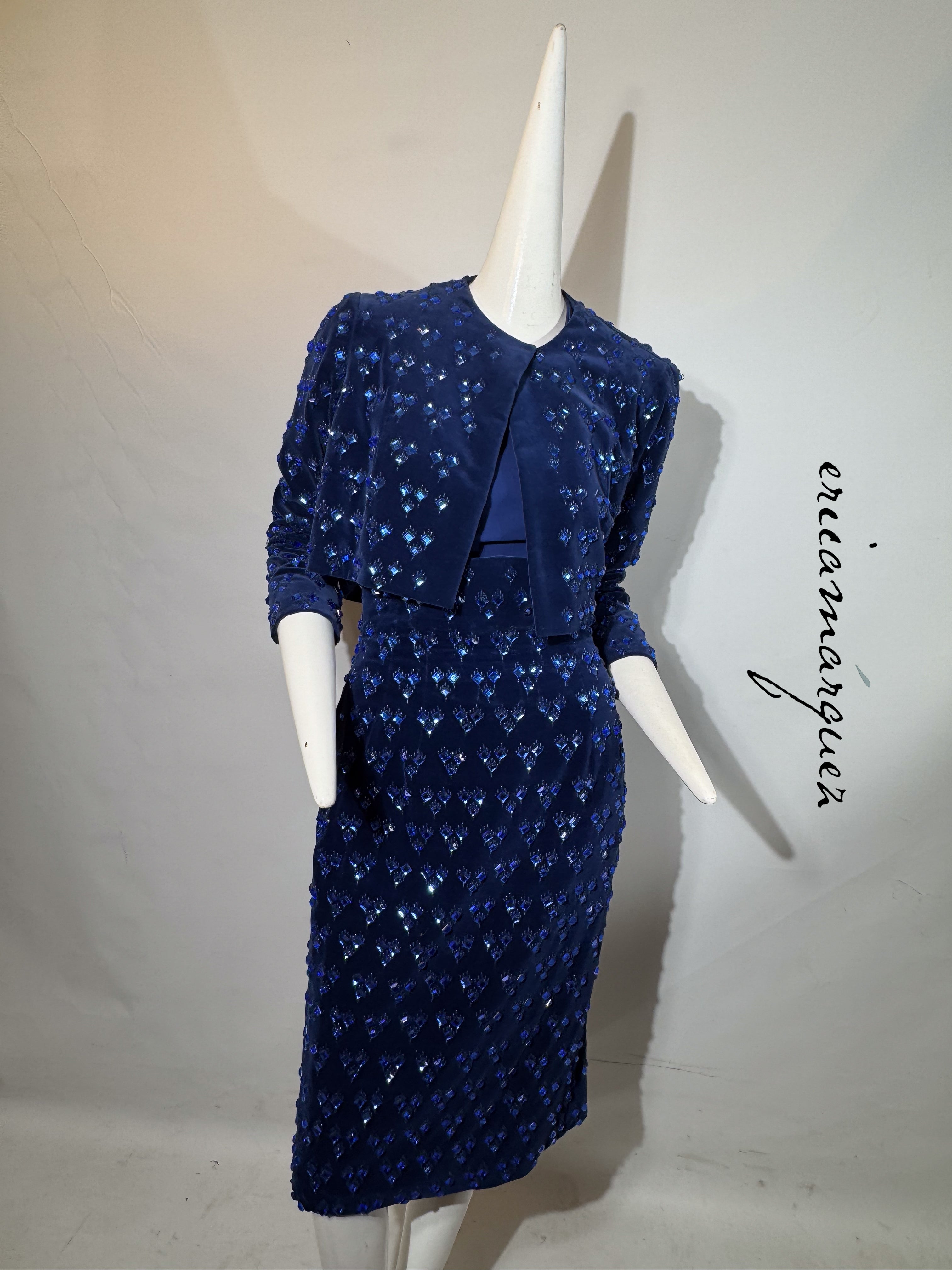 BARON'S ALTA MODA, Velvet and Rhinestone Electric Blue High-Waist Skirt Ensemble