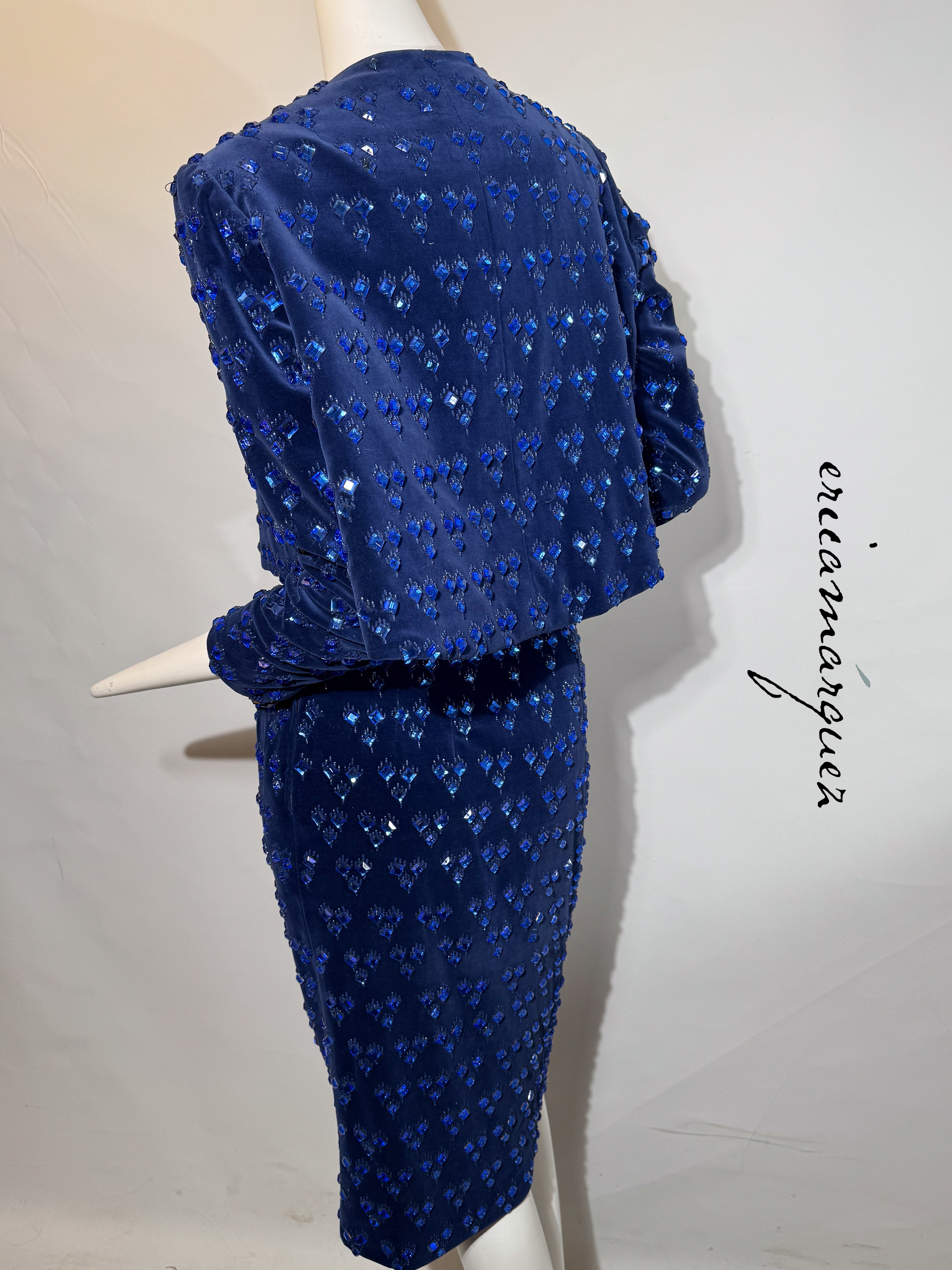 BARON'S ALTA MODA, Velvet and Rhinestone Electric Blue High-Waist Skirt Ensemble