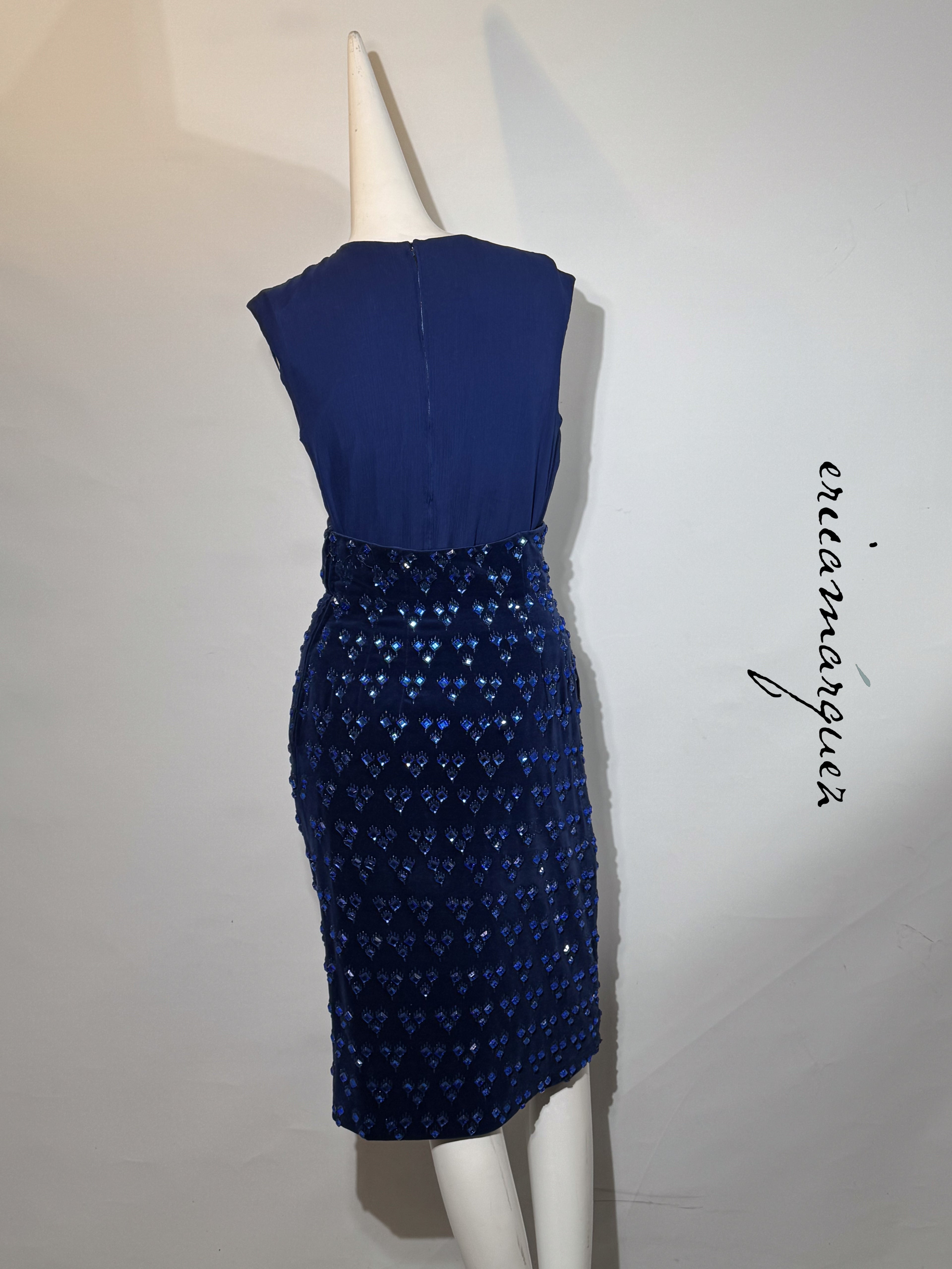 BARON'S ALTA MODA, Velvet and Rhinestone Electric Blue High-Waist Skirt Ensemble