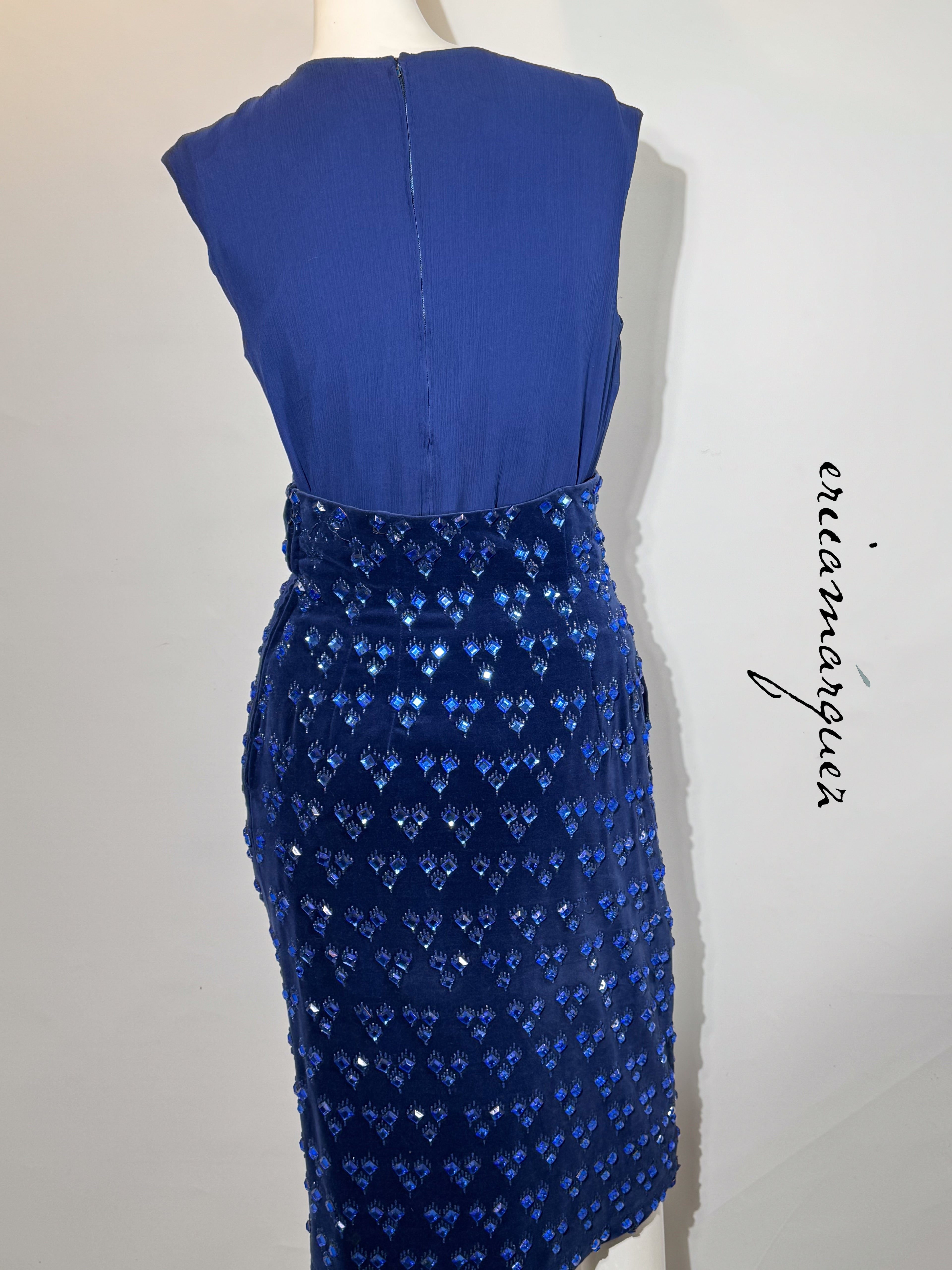 BARON'S ALTA MODA, Velvet and Rhinestone Electric Blue High-Waist Skirt Ensemble