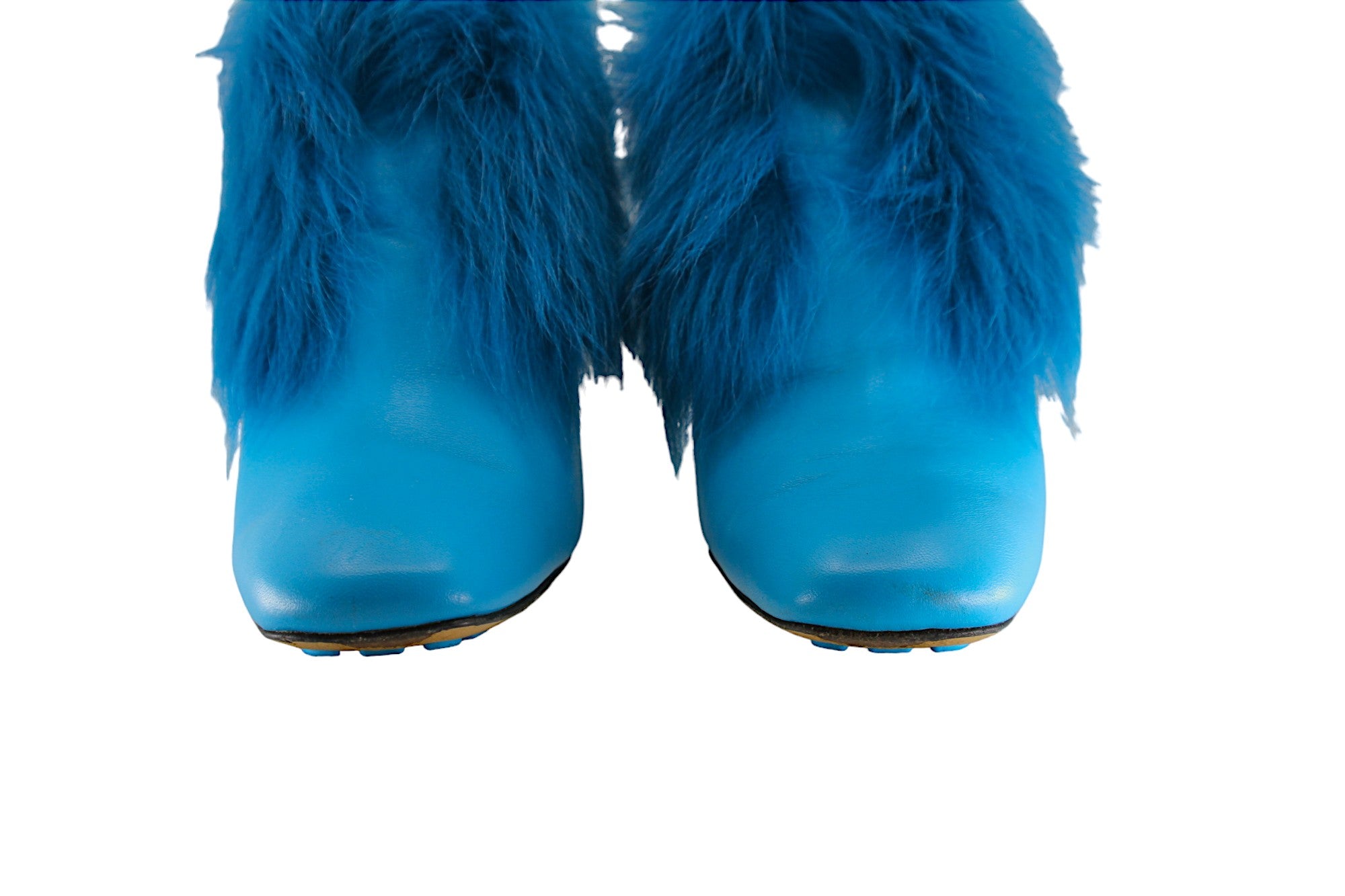 BOTTEGA VENETA, cerulean blue leather and fur-lined wedges